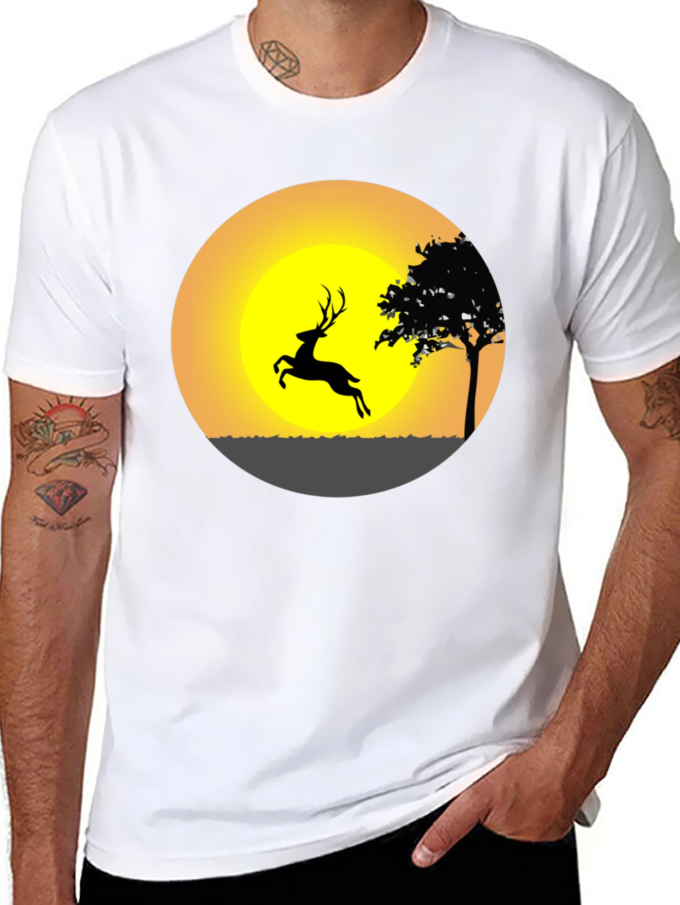 Deer Silhouette Sunset Graphic Tee - Black Cotton Blend