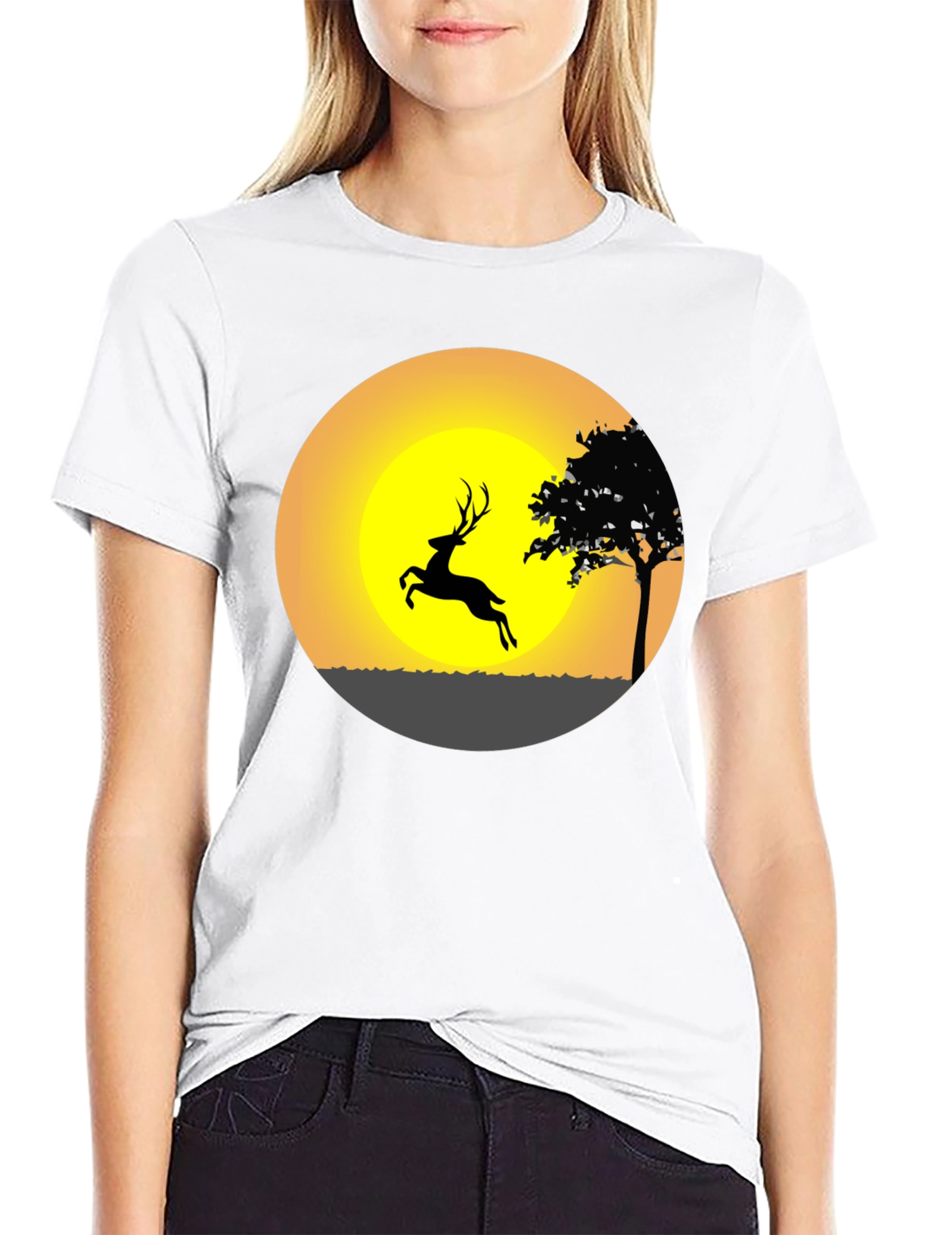 Deer Silhouette Sunset Graphic Tee - Black Cotton Blend