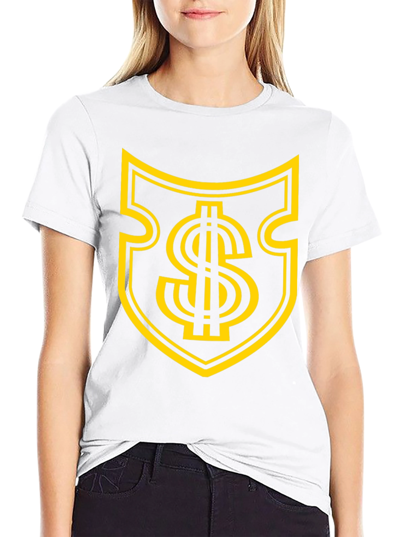Black Tee with Gold Dollar Sign Shield Graphic