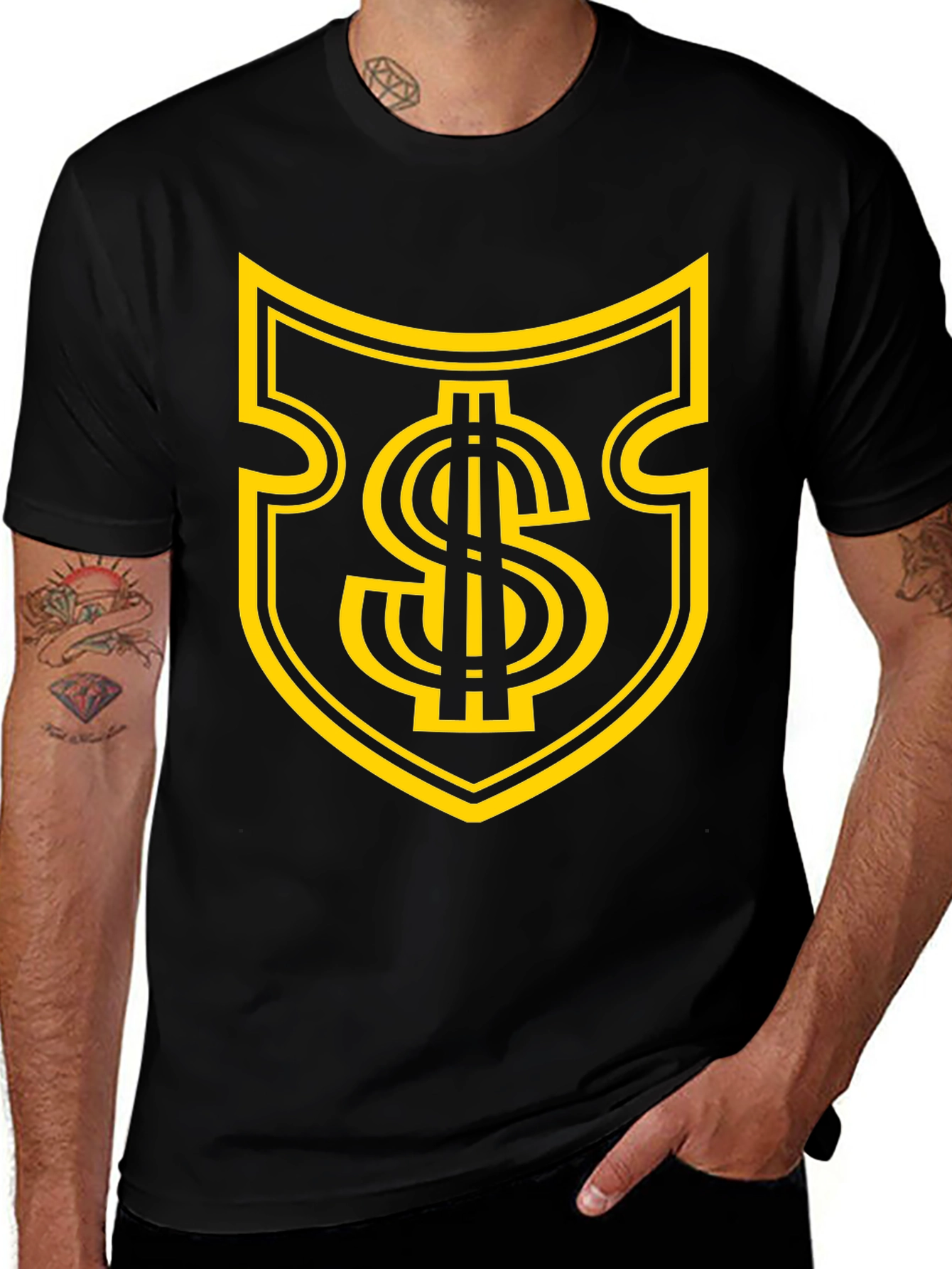 Black Tee with Gold Dollar Sign Shield Graphic