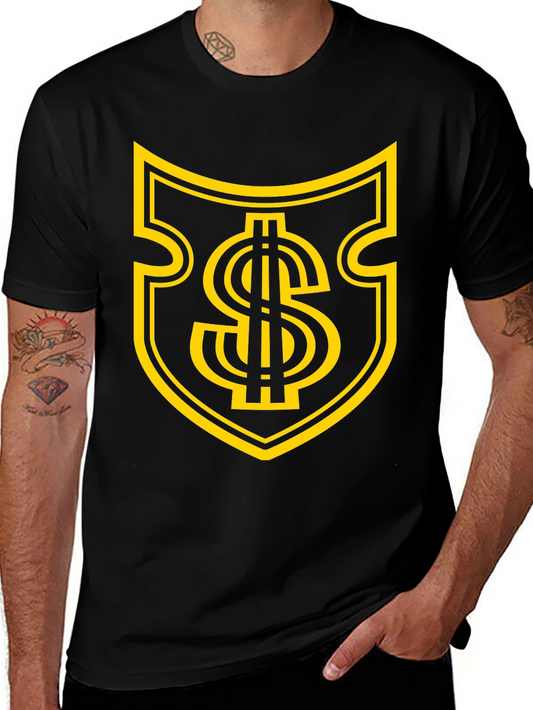Black Tee with Gold Dollar Sign Shield Graphic