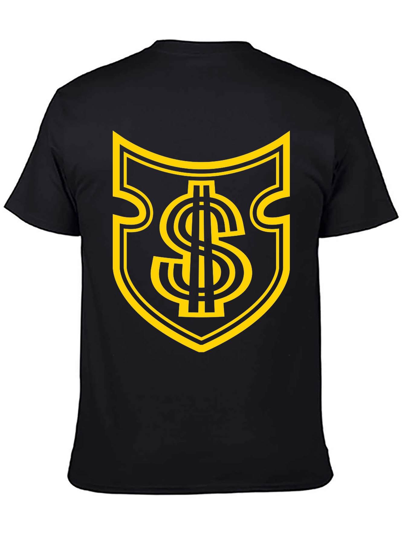 Black Tee with Gold Dollar Sign Shield Graphic