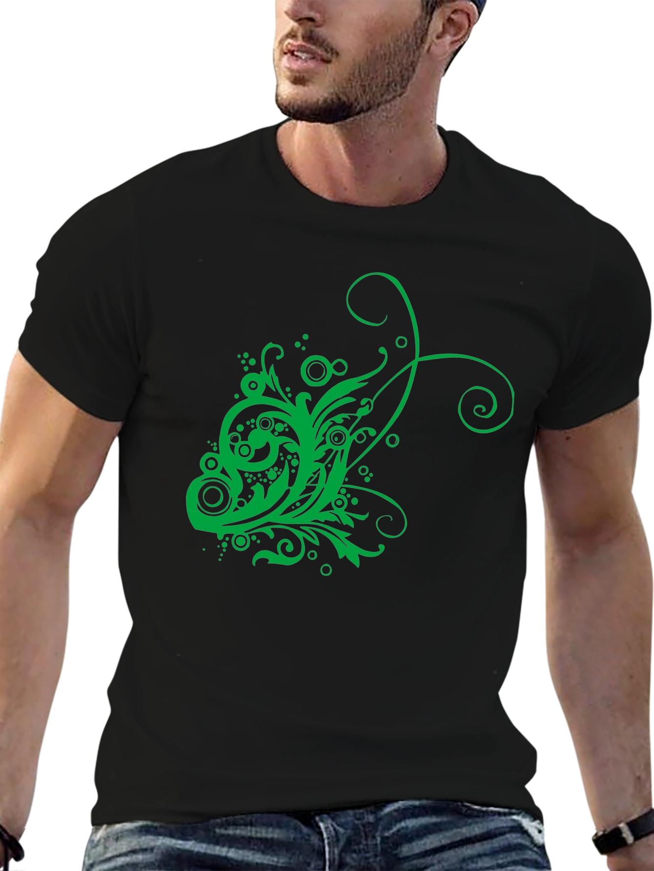 Mens Black T-Shirt with Green Floral Design