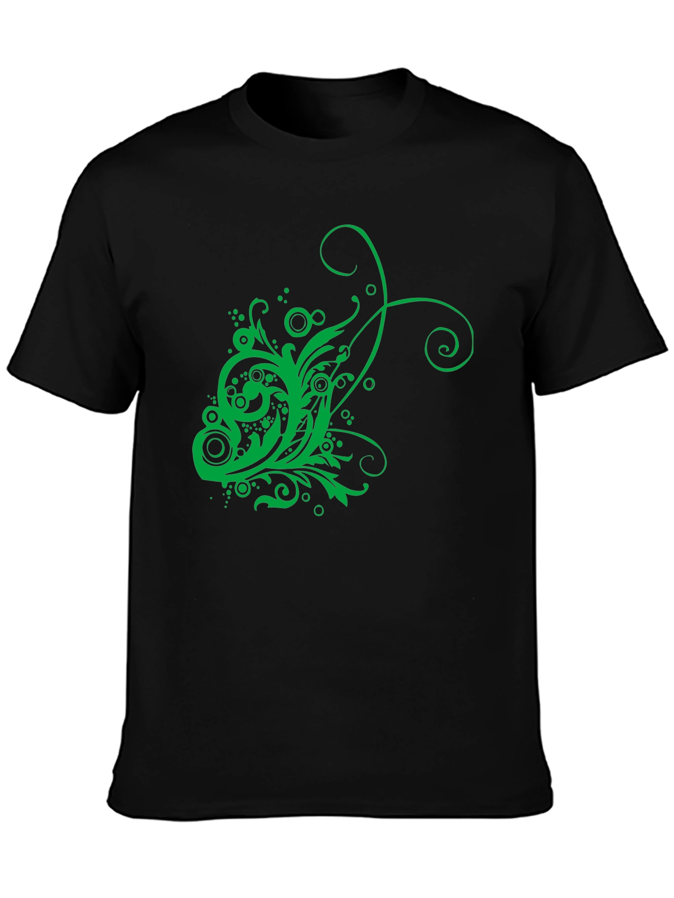Mens Black T-Shirt with Green Floral Design