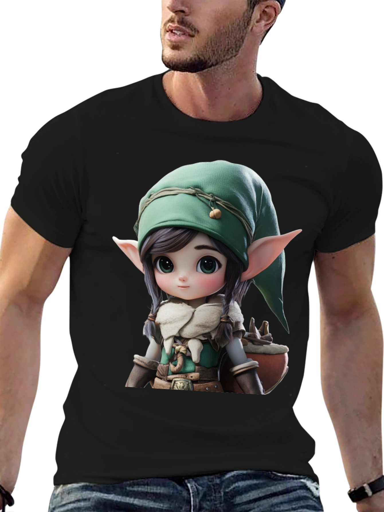 Elf Cartoon Graphic Black T-Shirt