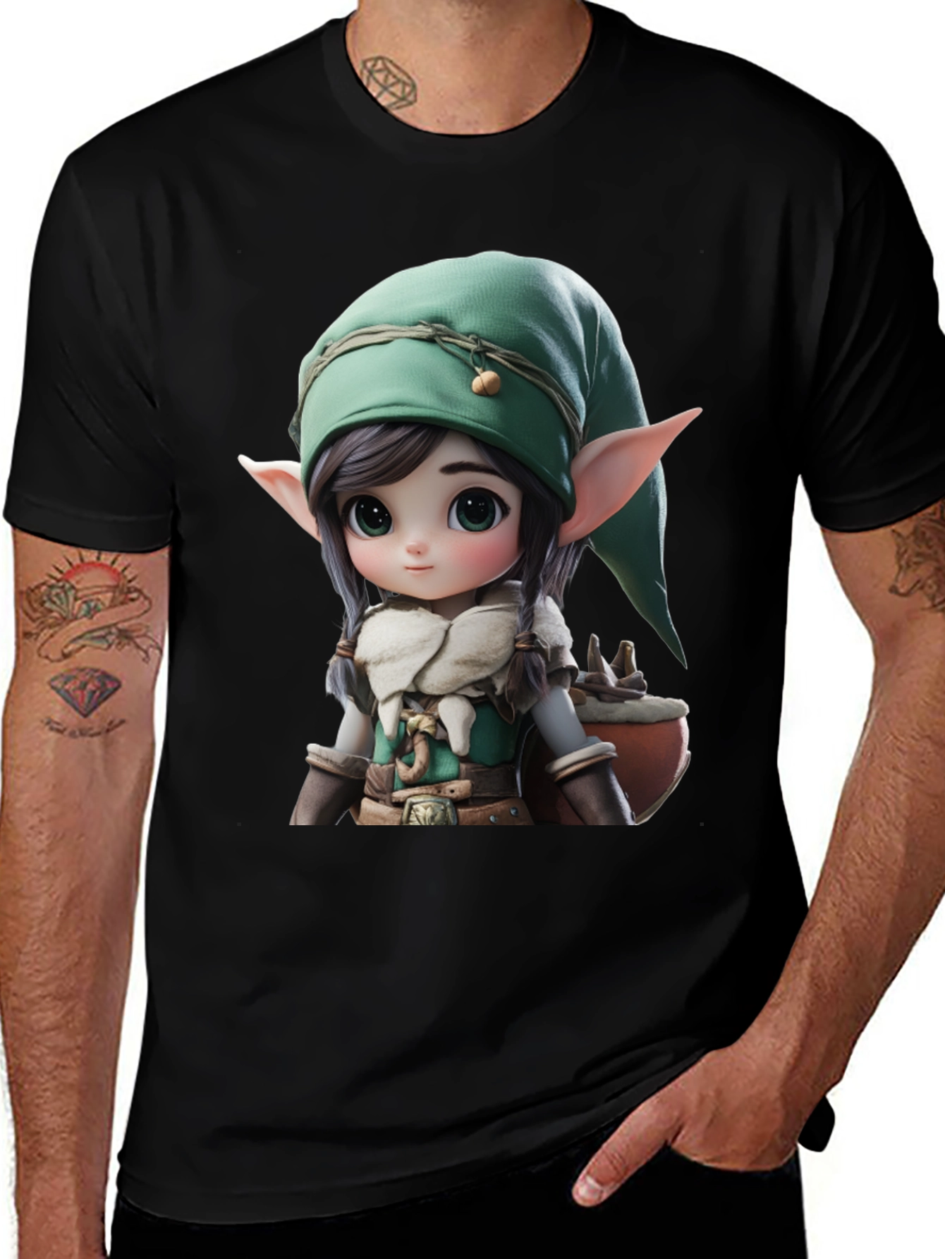 Elf Cartoon Graphic Black T-Shirt