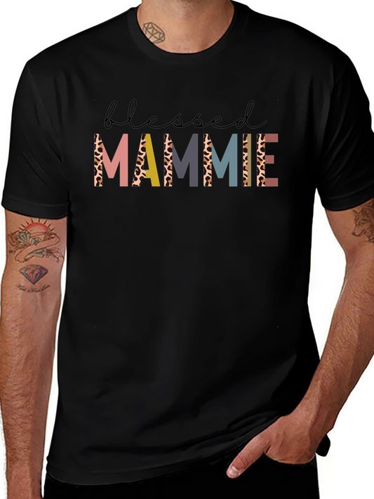 Blessed Mammie Graphic Tee - Unique Leopard Print Letters