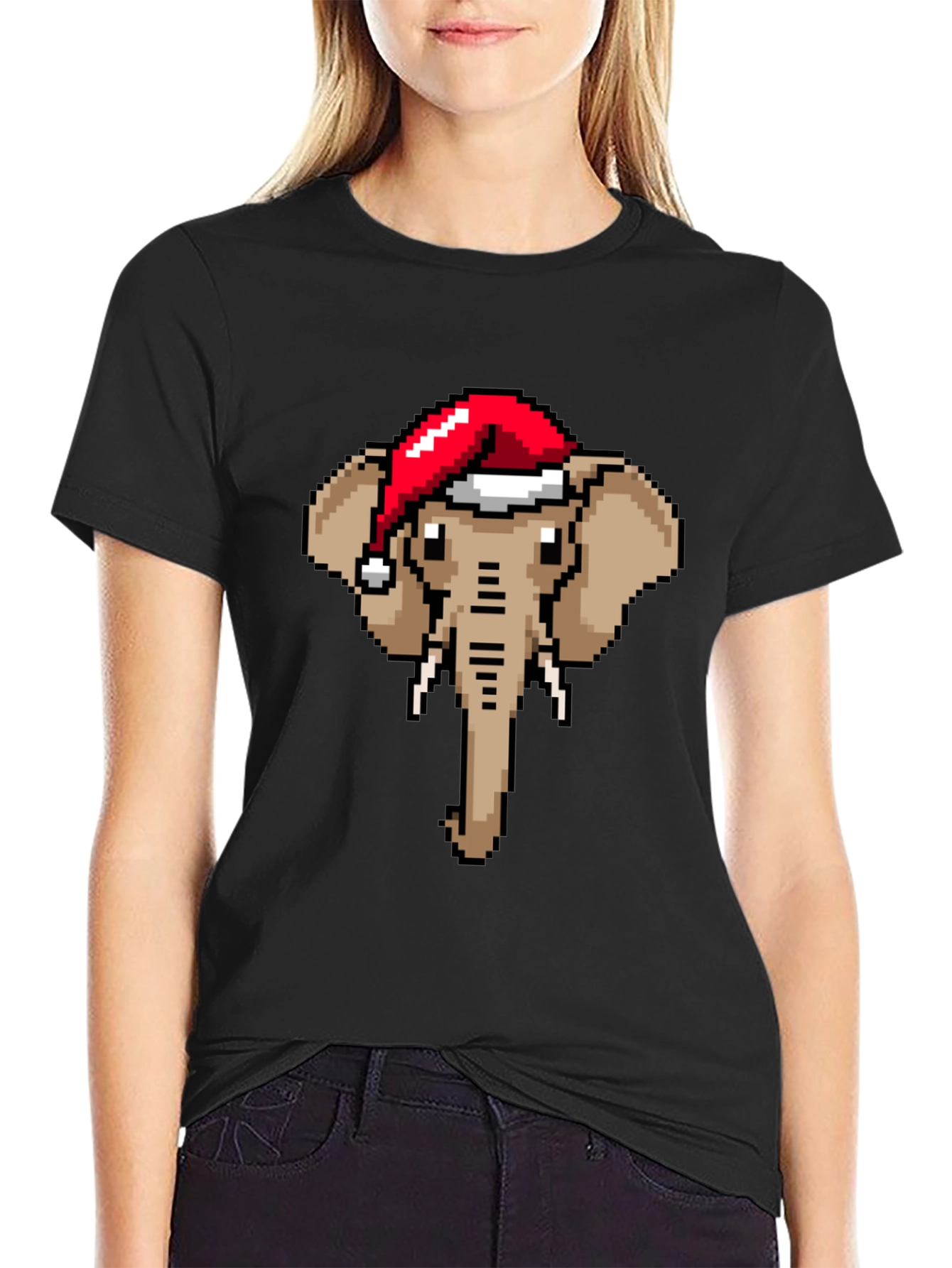 Pixelated Elephant Santa Hat Graphic Tee