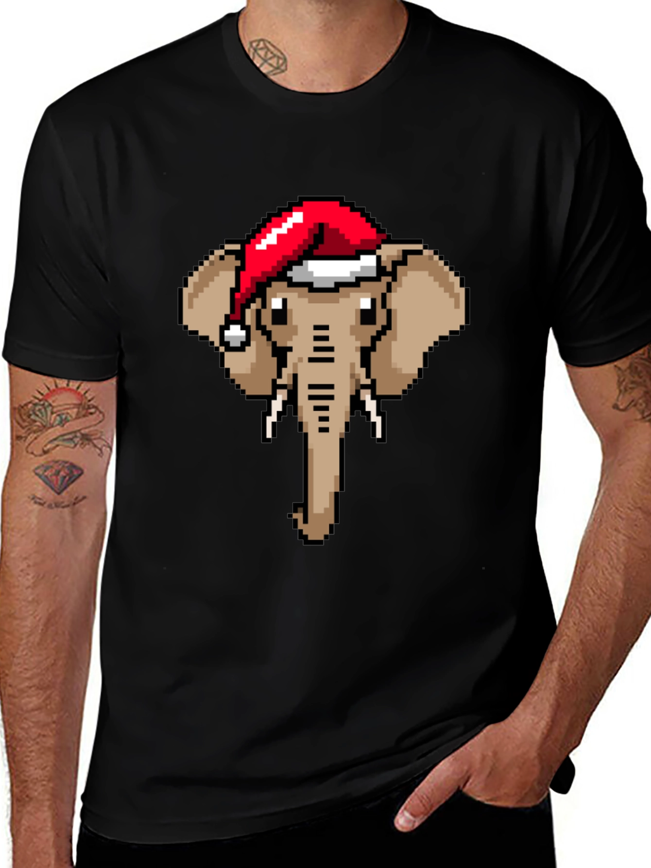 Pixelated Elephant Santa Hat Graphic Tee