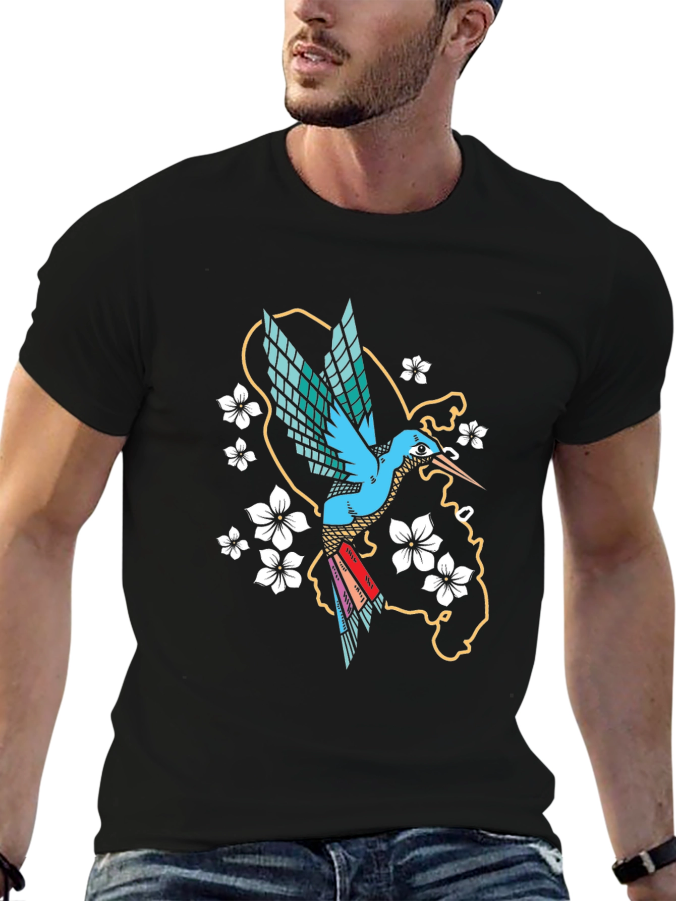 Hummingbird Graphic Tee - Stylish Mens Black T-Shirt