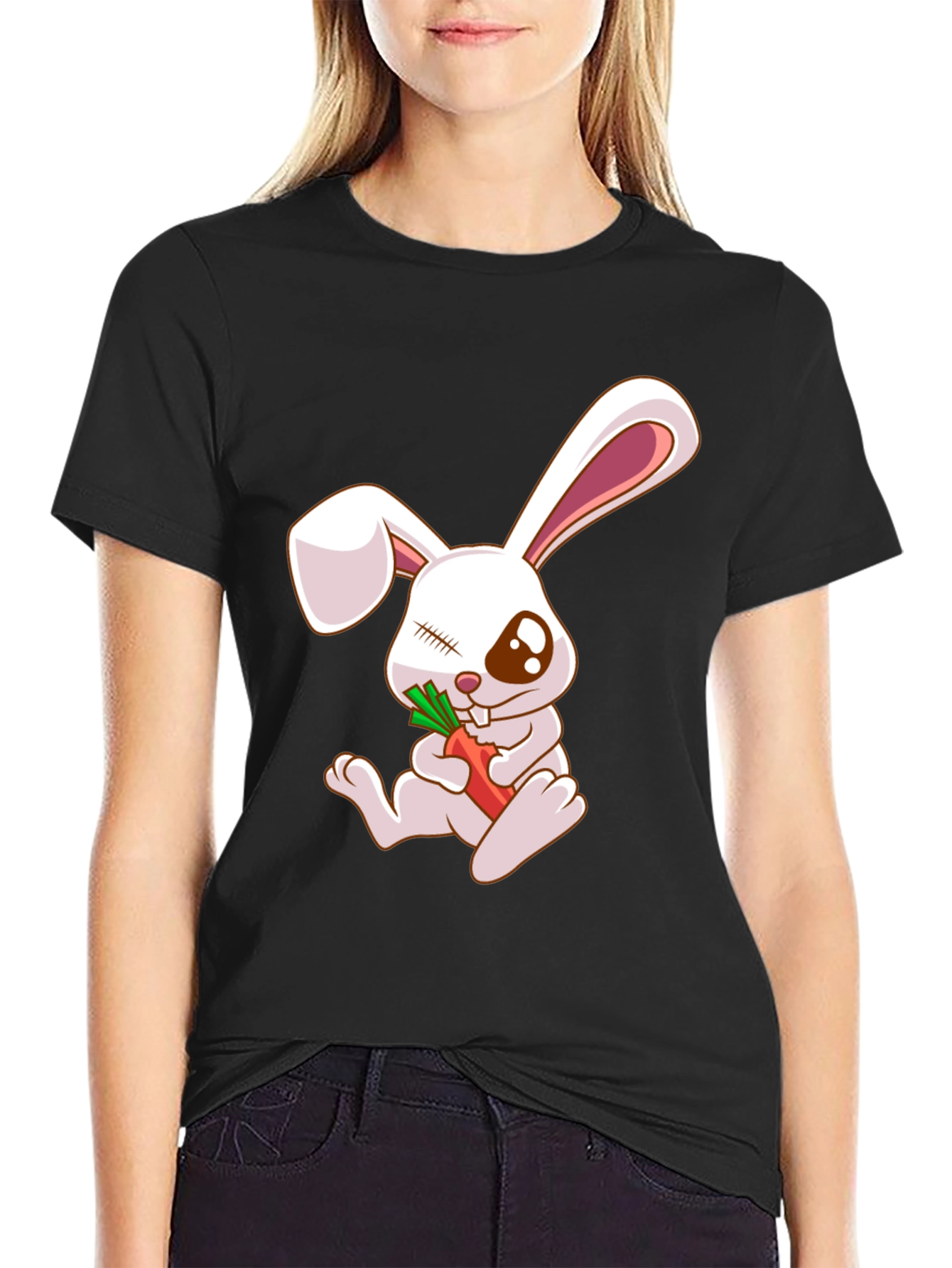 Cute Bunny Eating Carrot Black T-Shirt