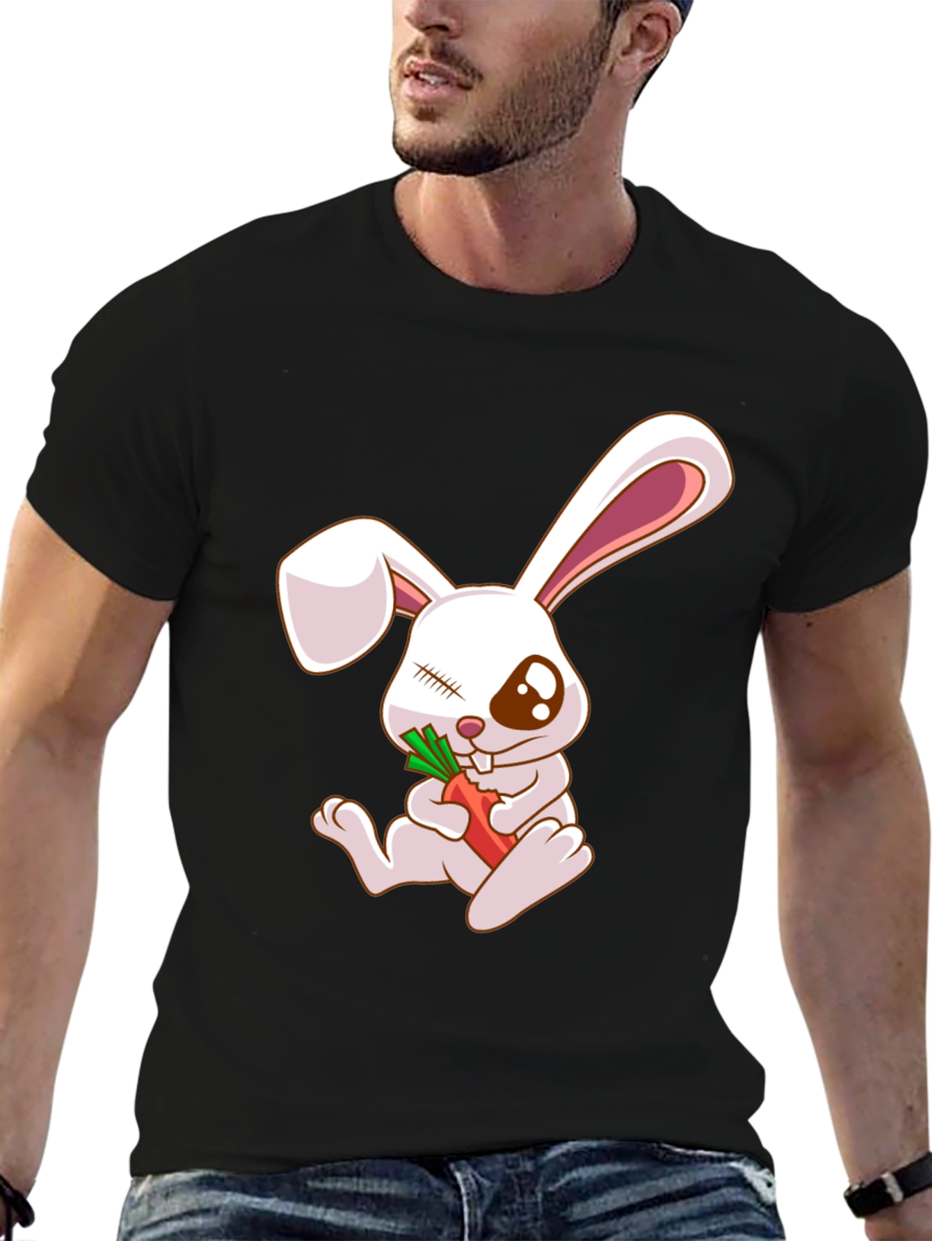 Cute Bunny Eating Carrot Black T-Shirt