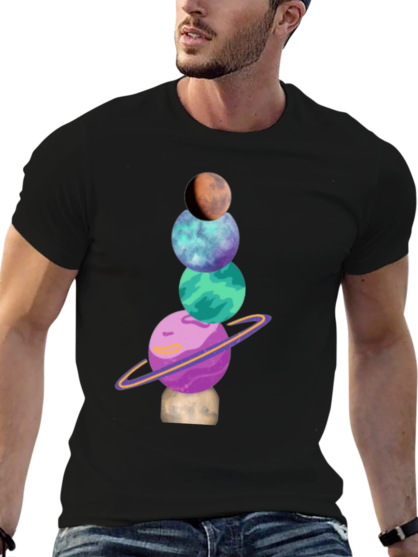 Planets Stack Graphic Tee - Trendy Space Shirt
