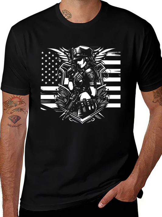 Police Woman Graphic T-Shirt - Black Crew Neck Tee