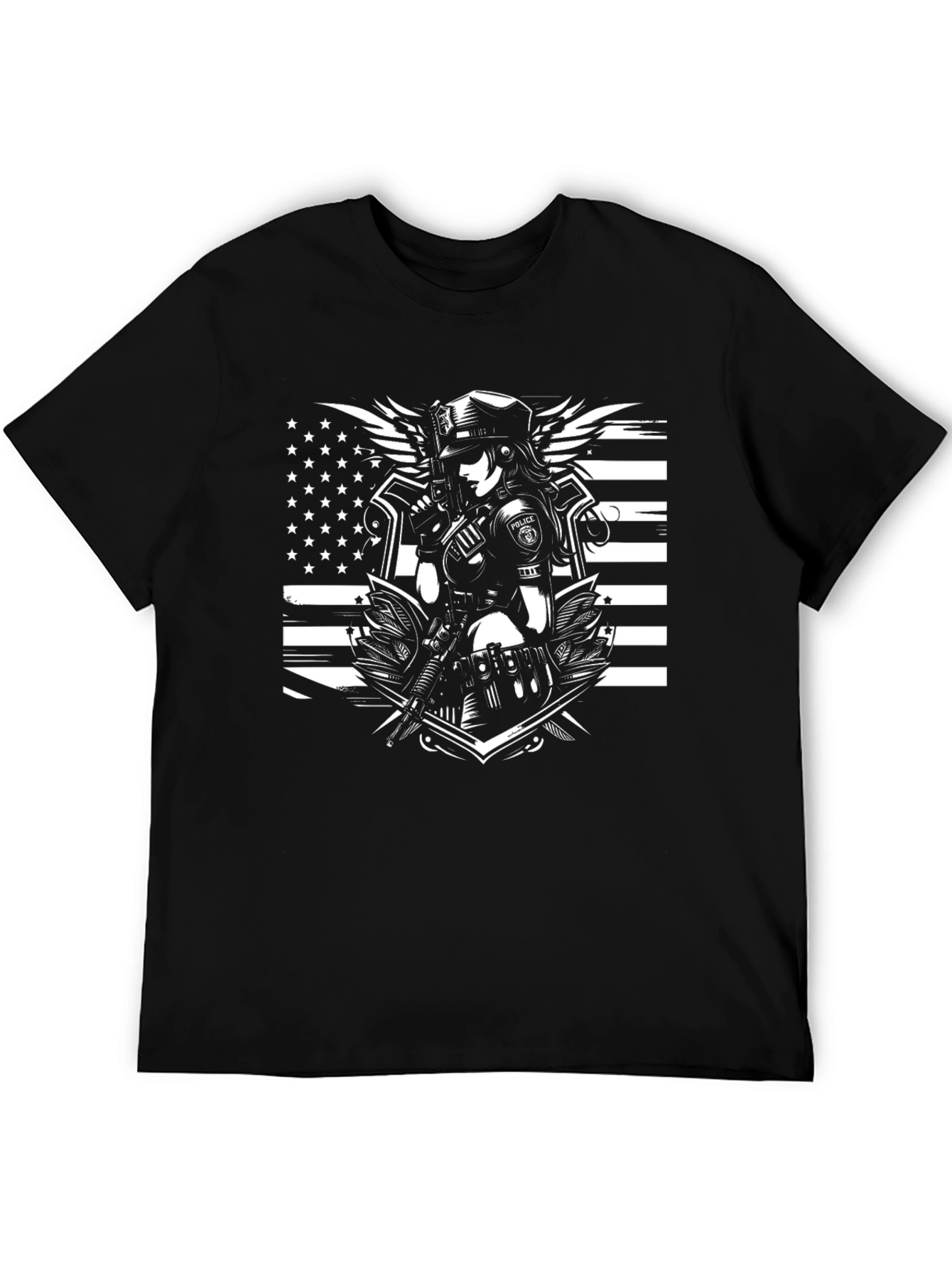 Police Woman Graphic T-Shirt - Black Crew Neck Tee