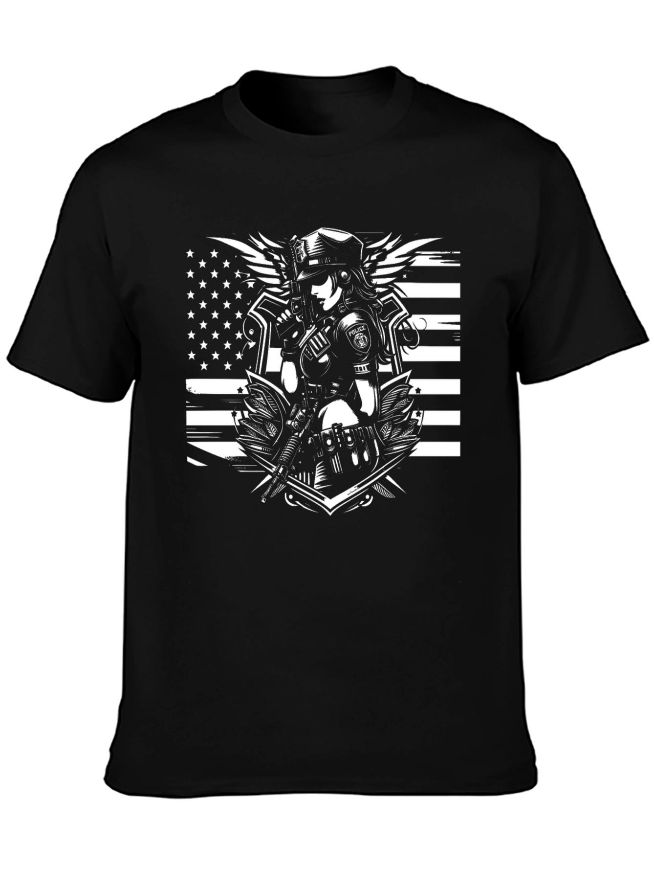 Police Woman Graphic T-Shirt - Black Crew Neck Tee