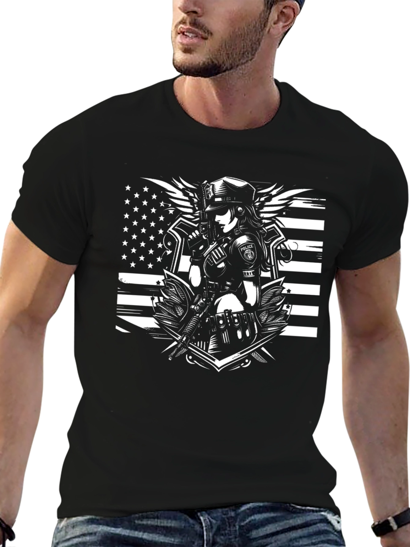 Police Woman Graphic T-Shirt - Black Crew Neck Tee
