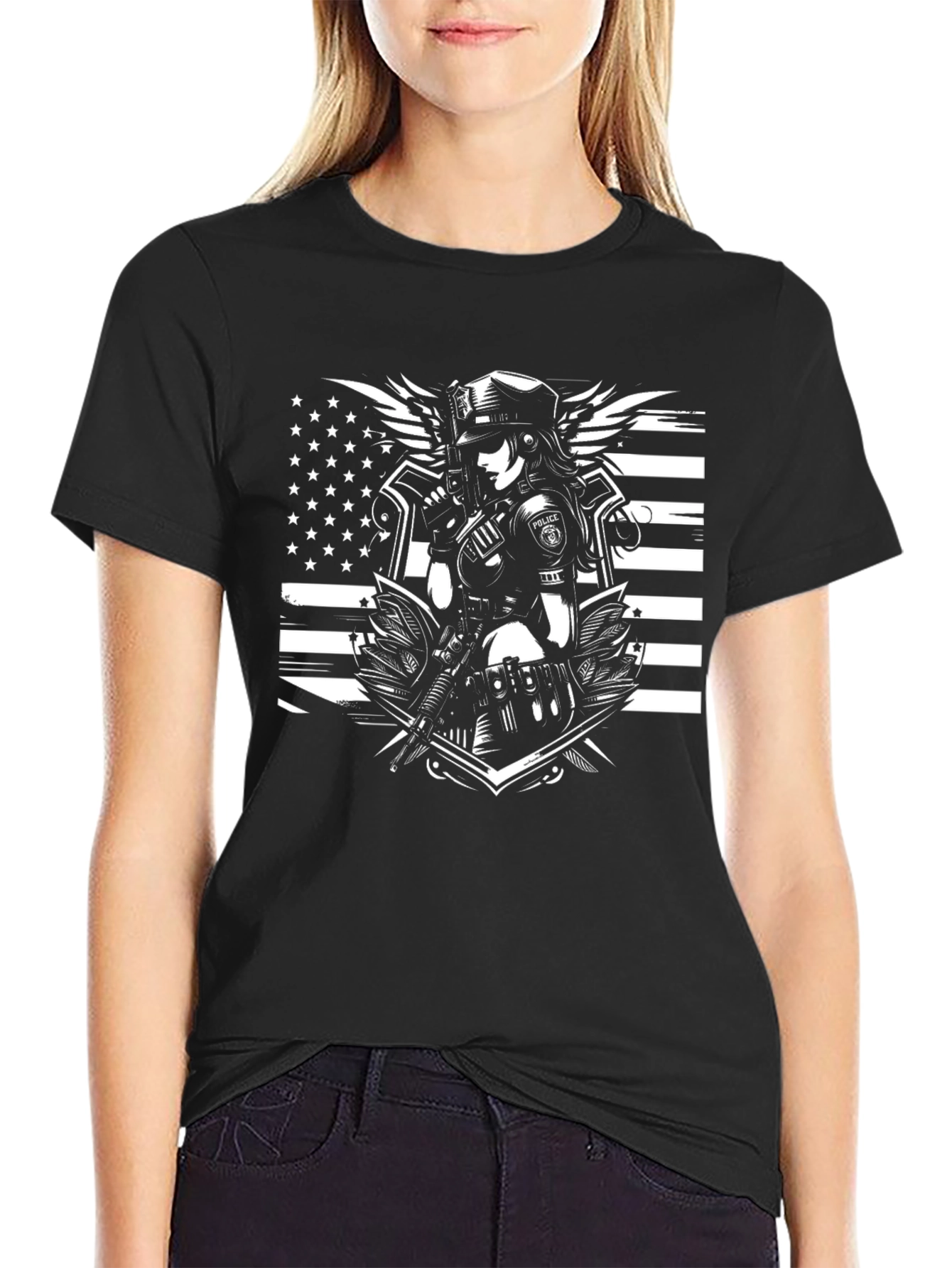 Police Woman Graphic T-Shirt - Black Crew Neck Tee