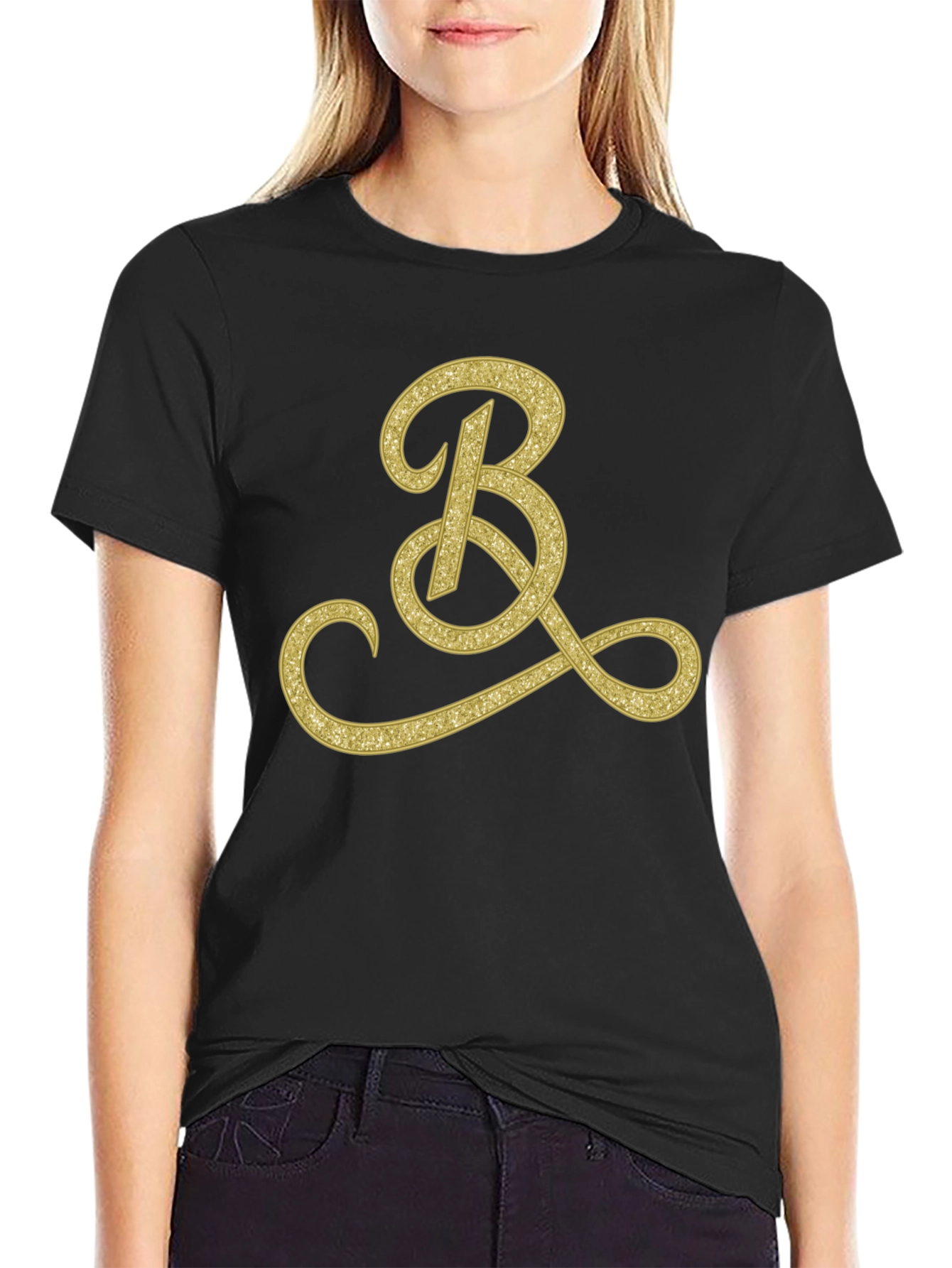Mens Black T-Shirt with Gold Initial B Design