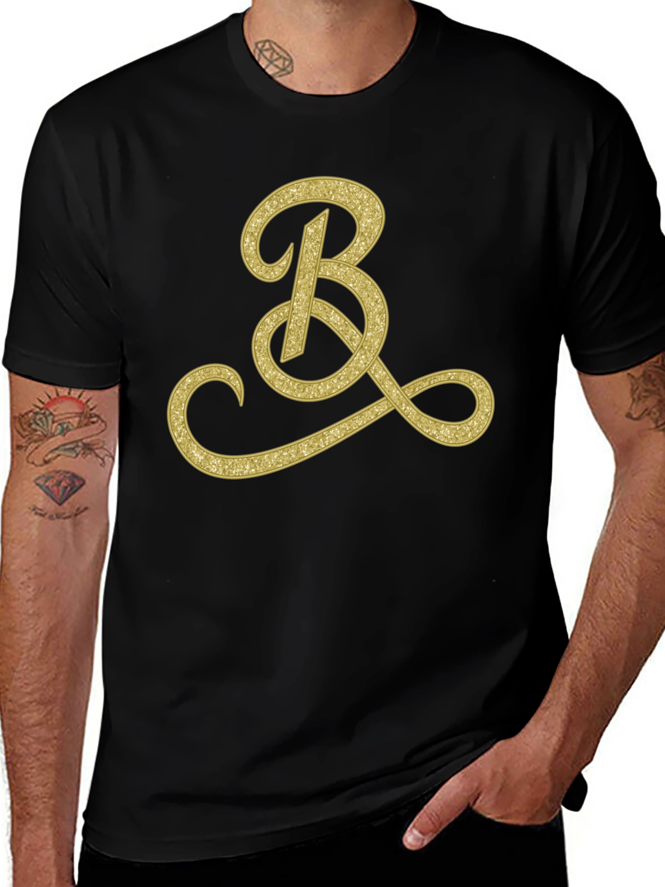 Mens Black T-Shirt with Gold Initial B Design