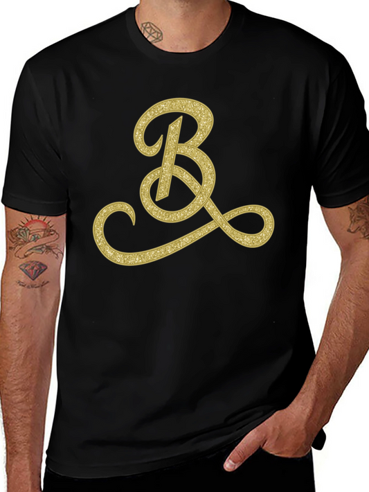 Mens Black T-Shirt with Gold Initial B Design