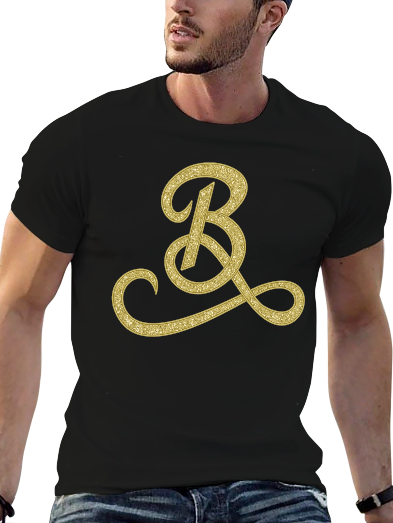 Mens Black T-Shirt with Gold Initial B Design