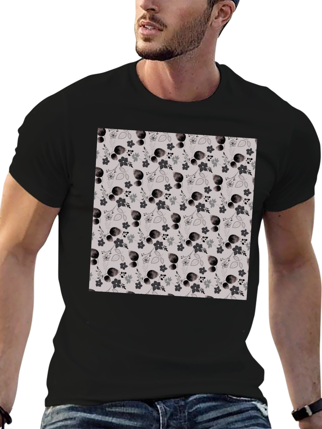 Stylish Floral Patterned Black T-Shirt
