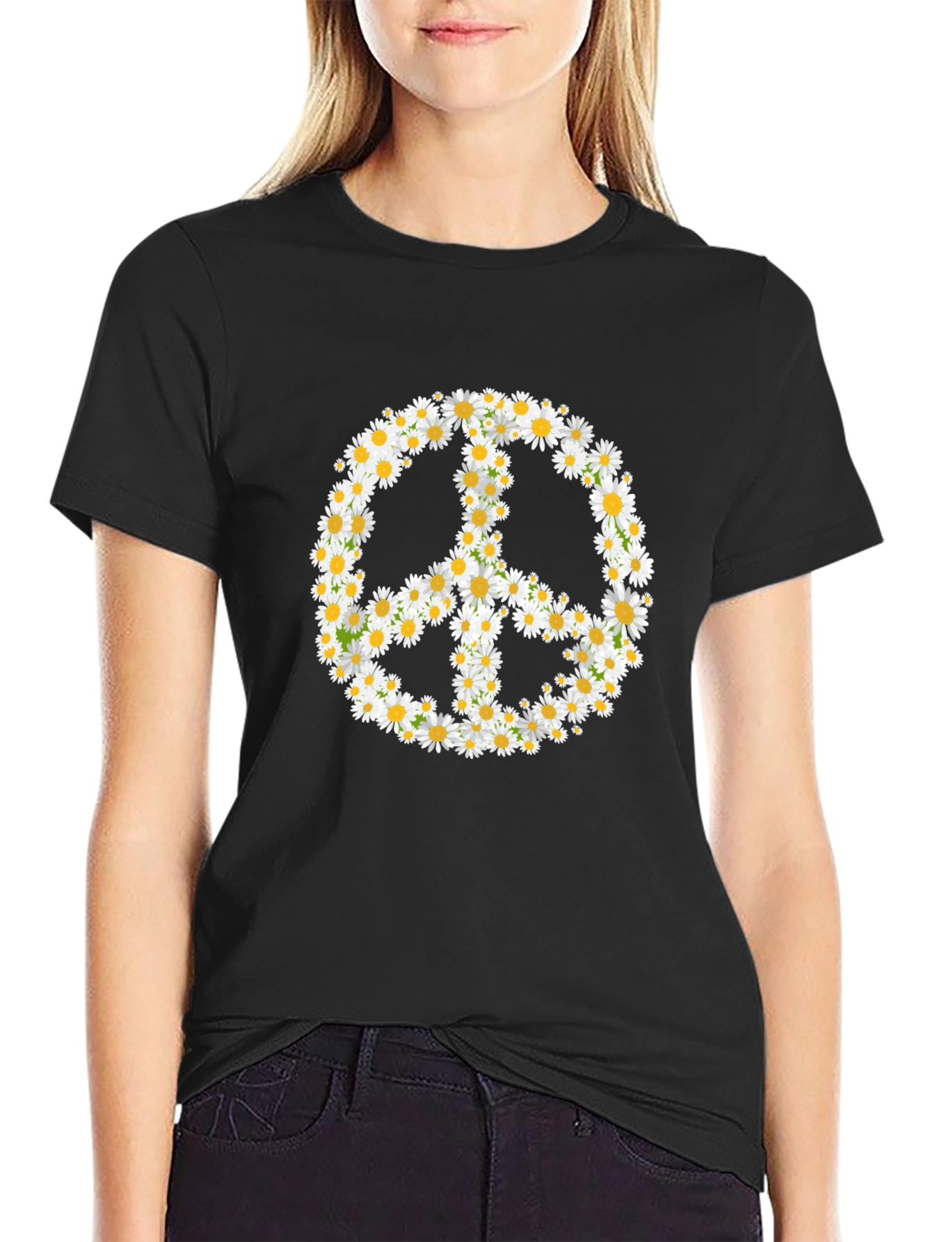 Daisy Peace Sign Black T-Shirt