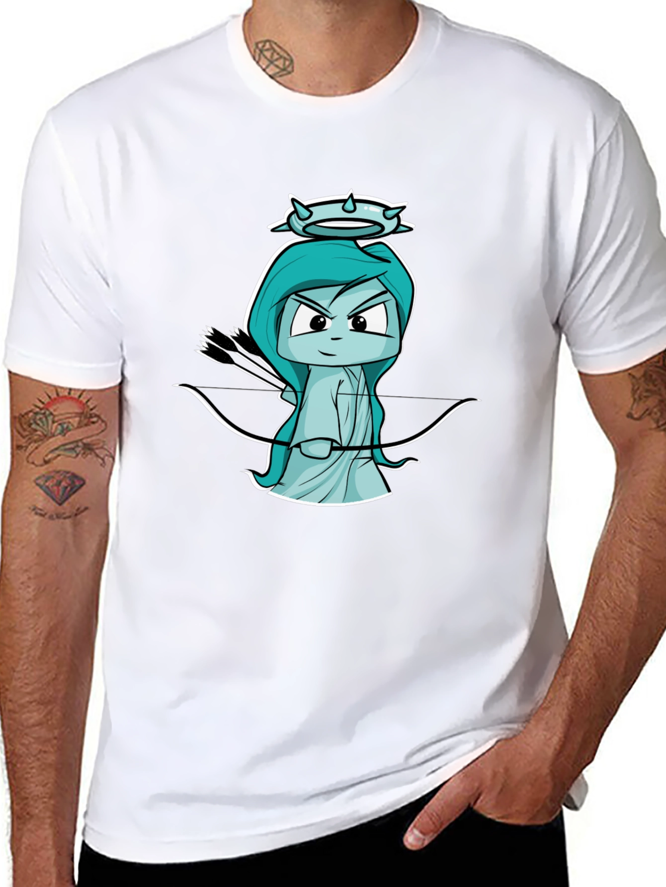 Black T-Shirt with Cartoon Cupid Design