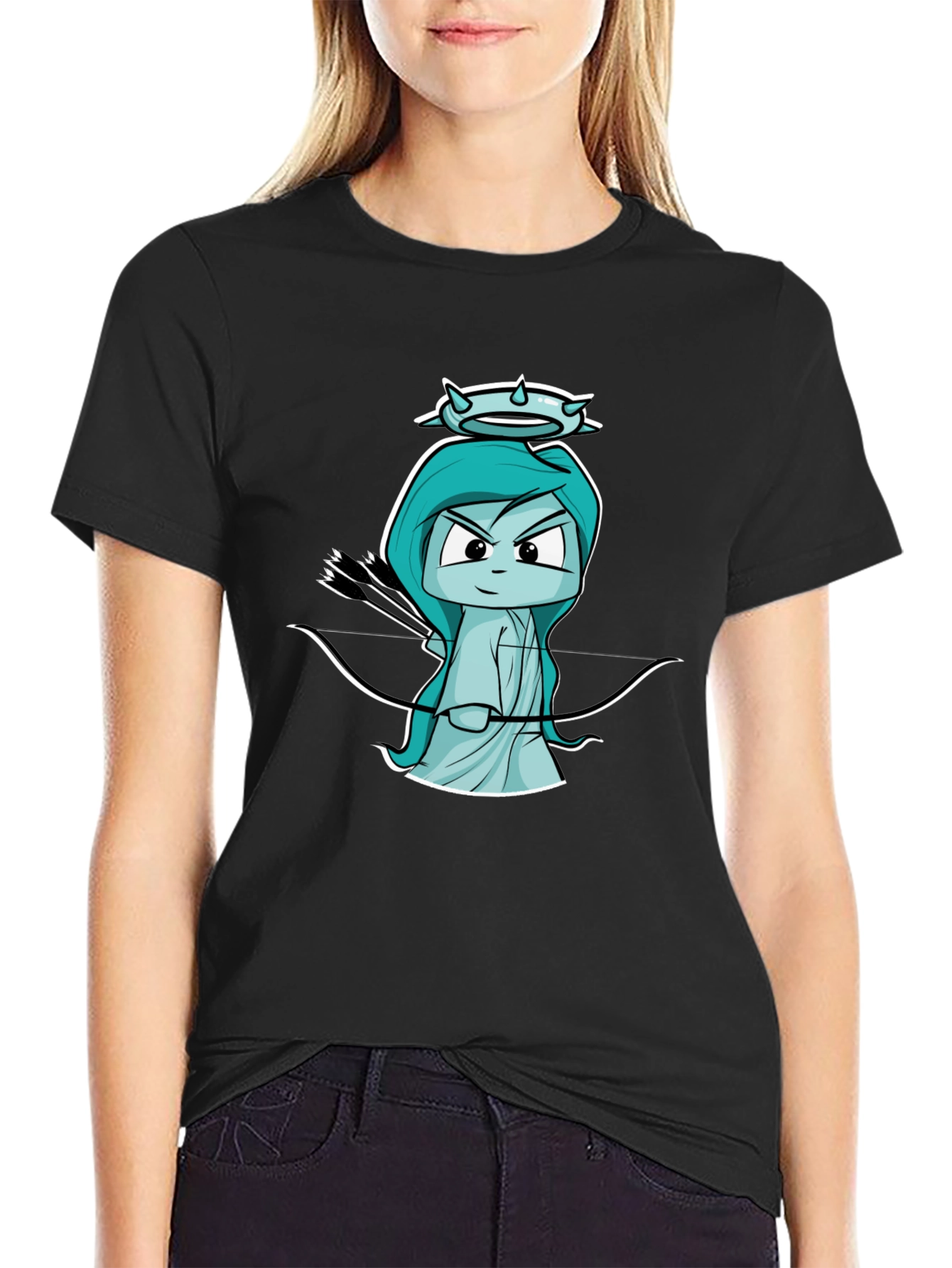 Black T-Shirt with Cartoon Cupid Design