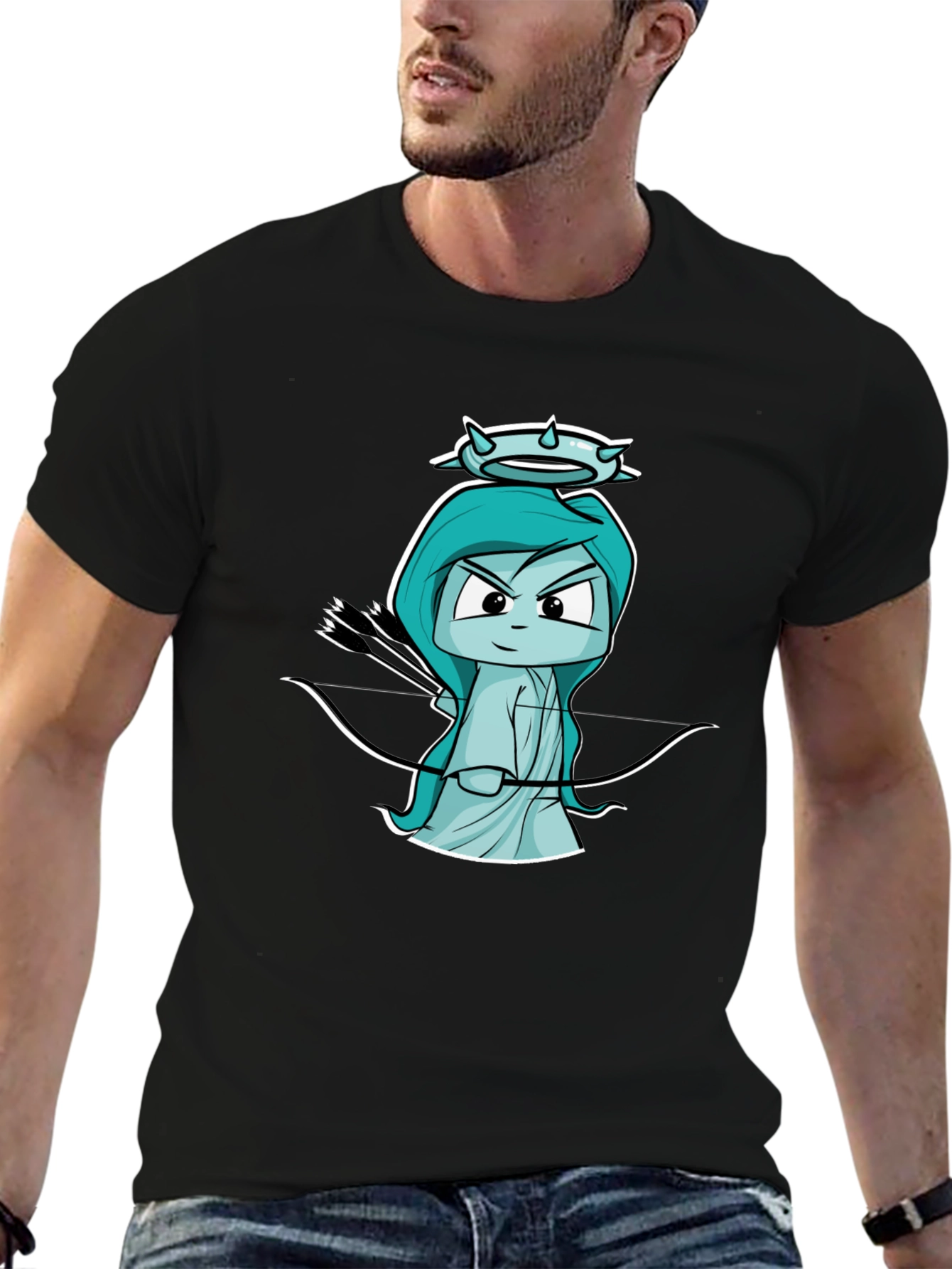 Black T-Shirt with Cartoon Cupid Design