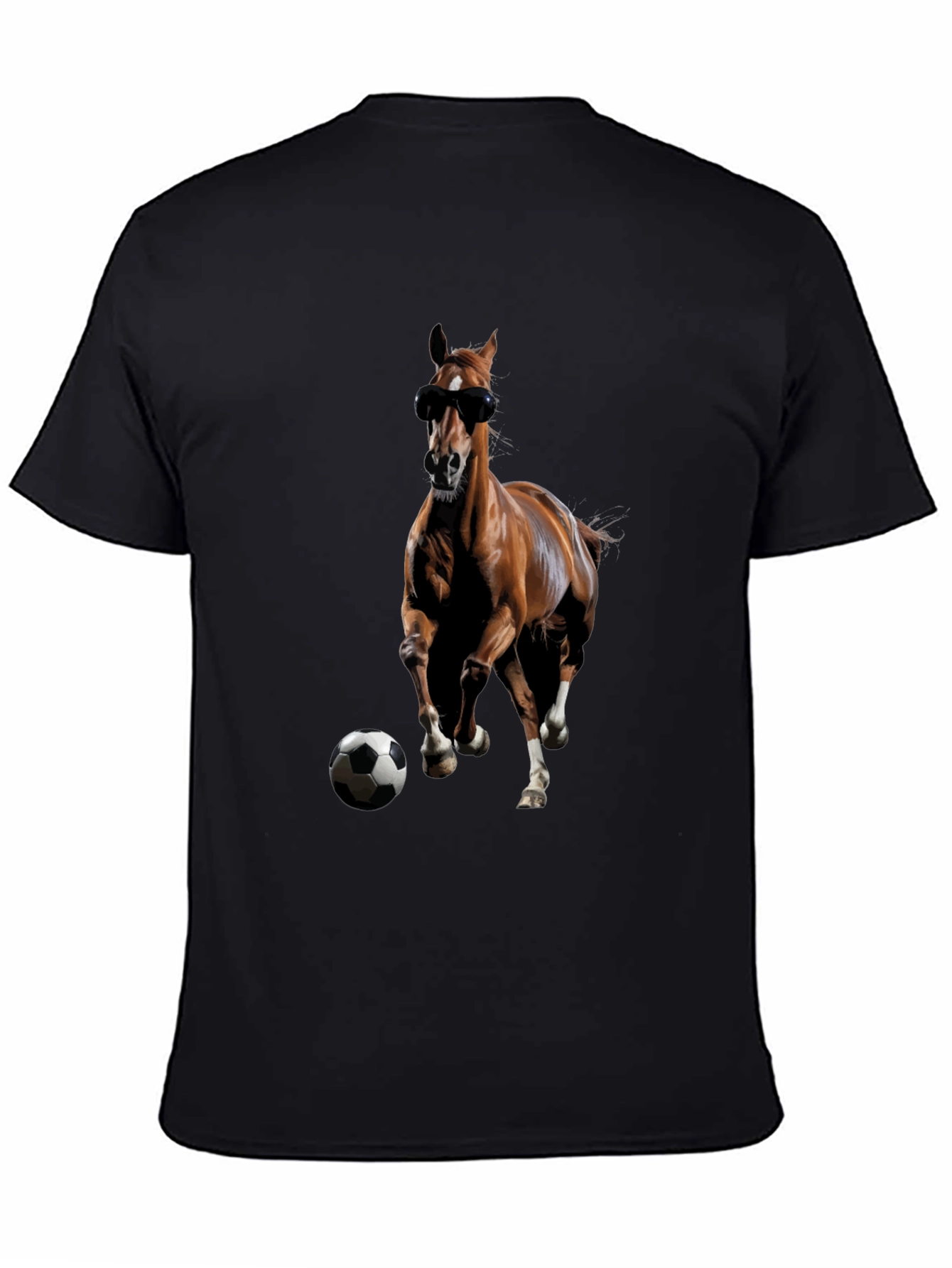 Horse with Sunglasses and Soccer Ball Black T-Shirt