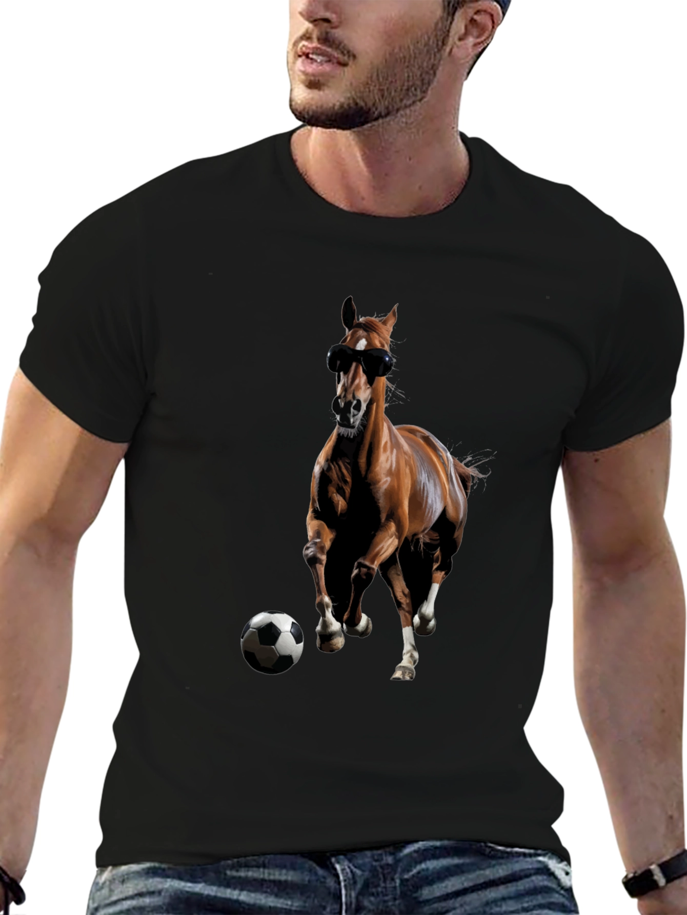 Horse with Sunglasses and Soccer Ball Black T-Shirt