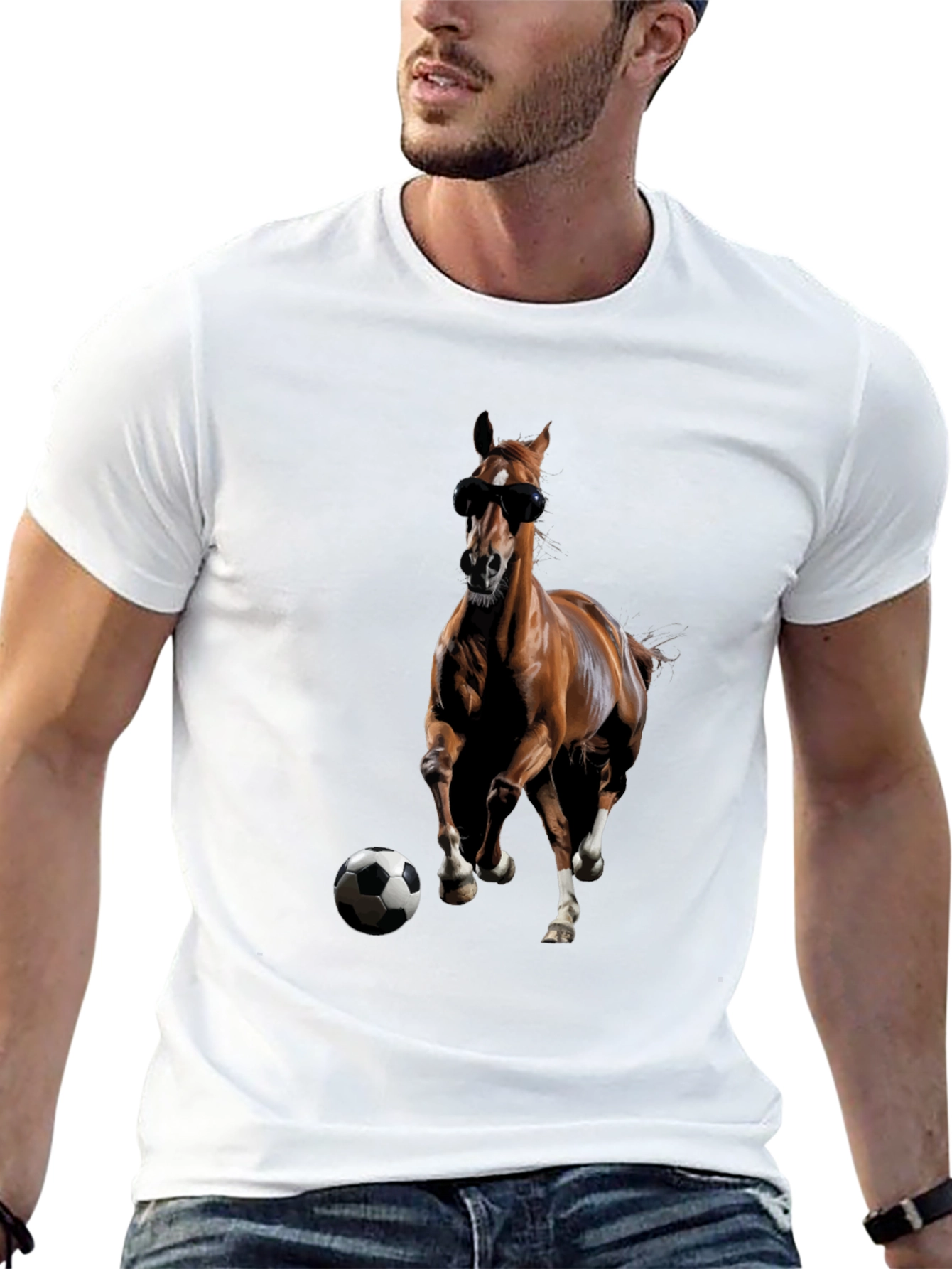 Horse with Sunglasses and Soccer Ball Black T-Shirt