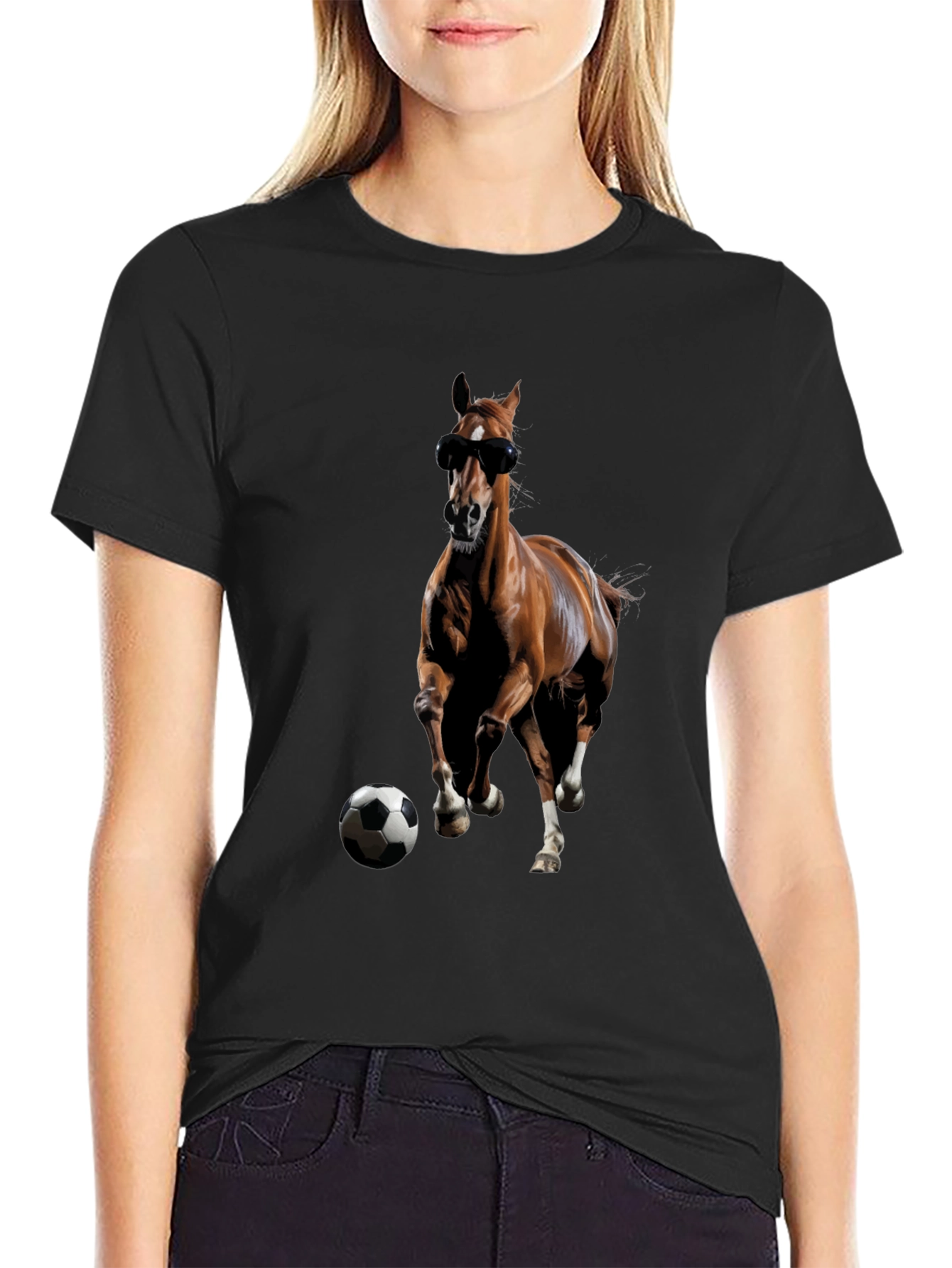 Horse with Sunglasses and Soccer Ball Black T-Shirt