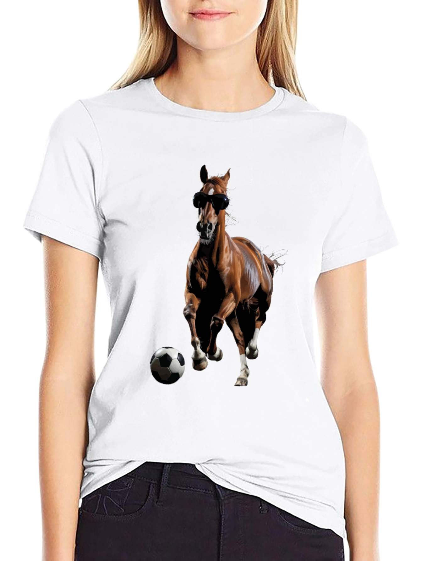 Horse with Sunglasses and Soccer Ball Black T-Shirt