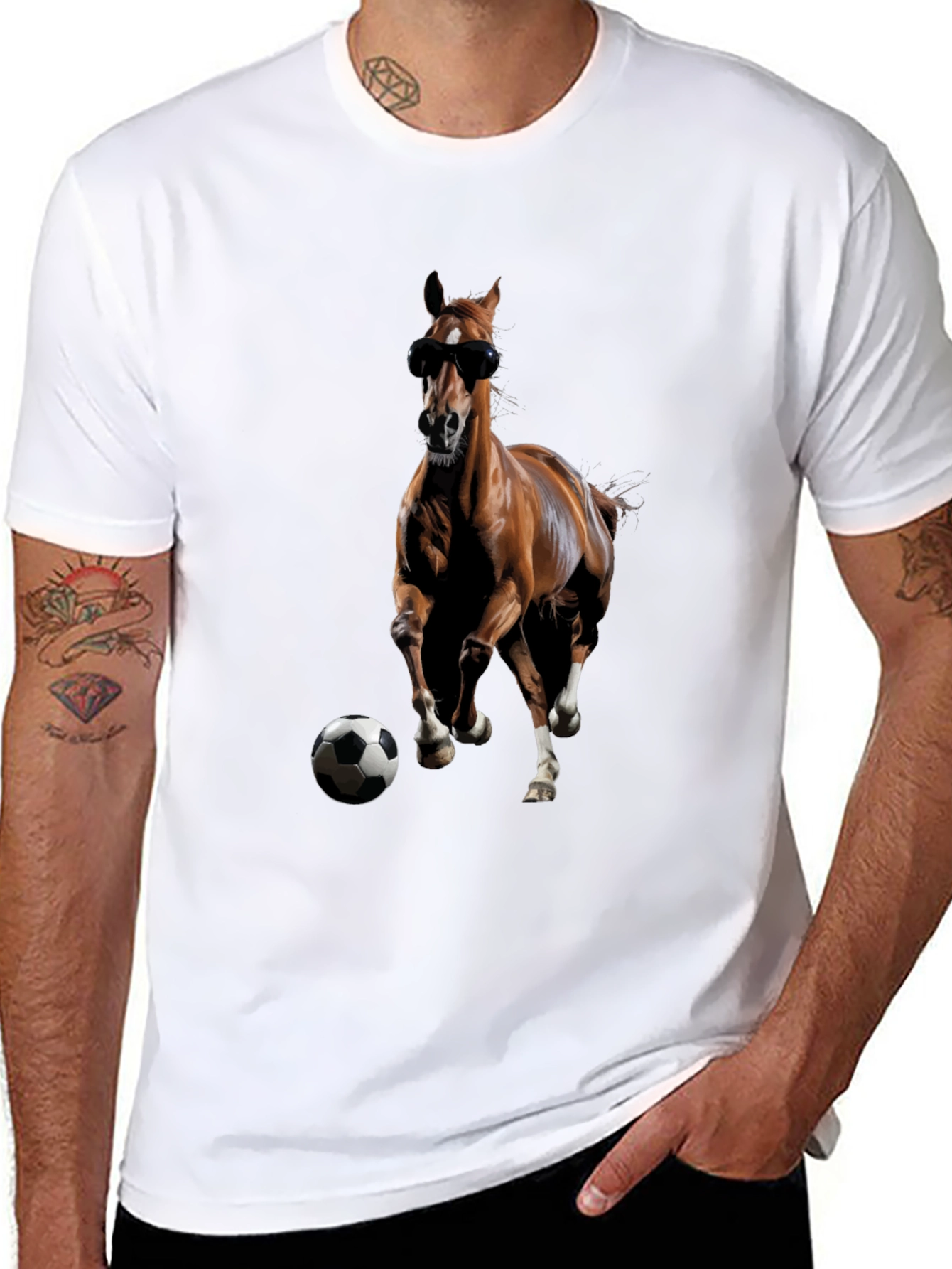Horse with Sunglasses and Soccer Ball Black T-Shirt