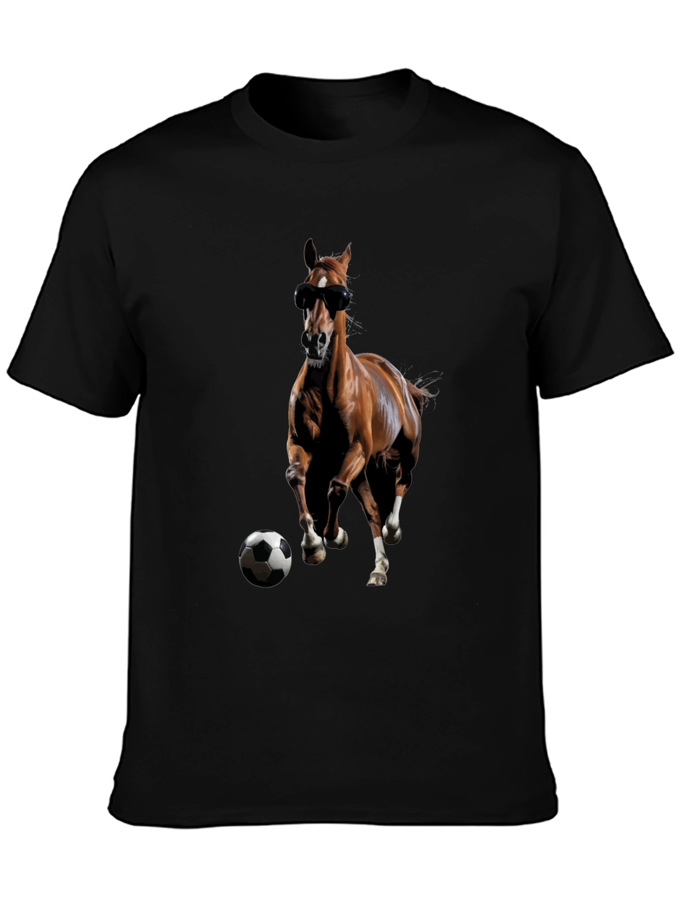 Horse with Sunglasses and Soccer Ball Black T-Shirt