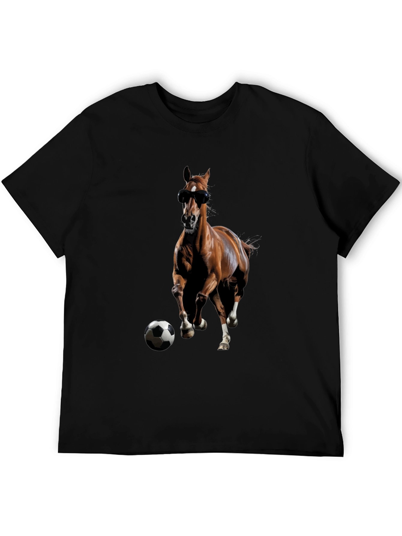 Horse with Sunglasses and Soccer Ball Black T-Shirt