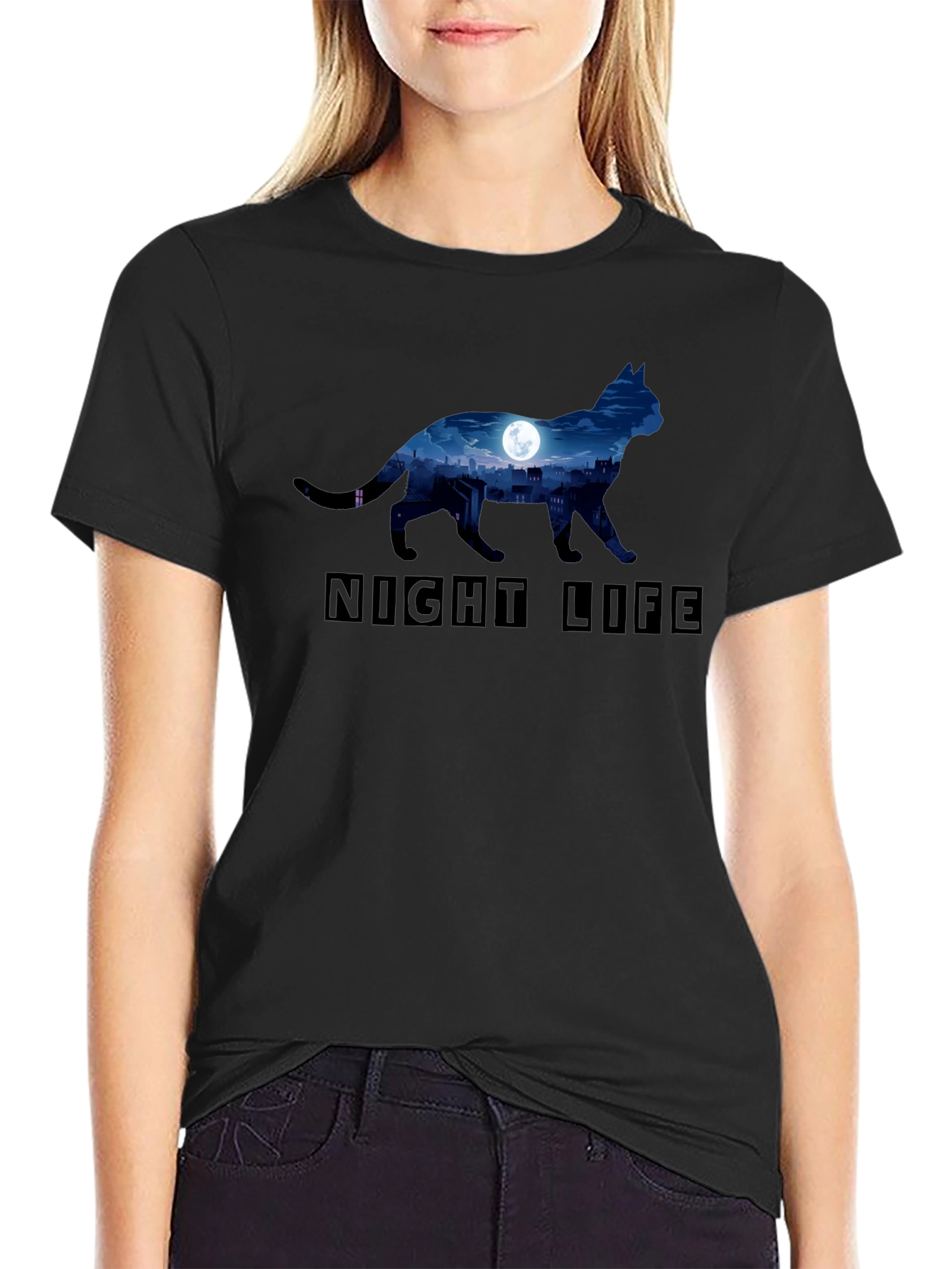 Night Life Cat Graphic T-Shirt