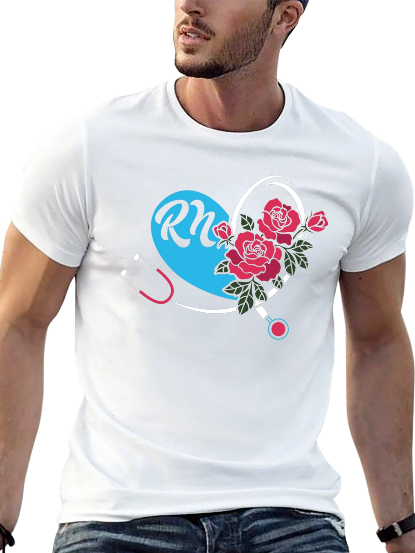 RN Nurse Heart Rose Graphic Tee - Black