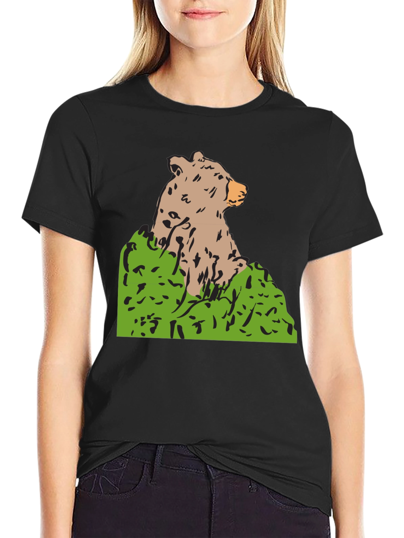 Bear Graphic Print Black T-Shirt