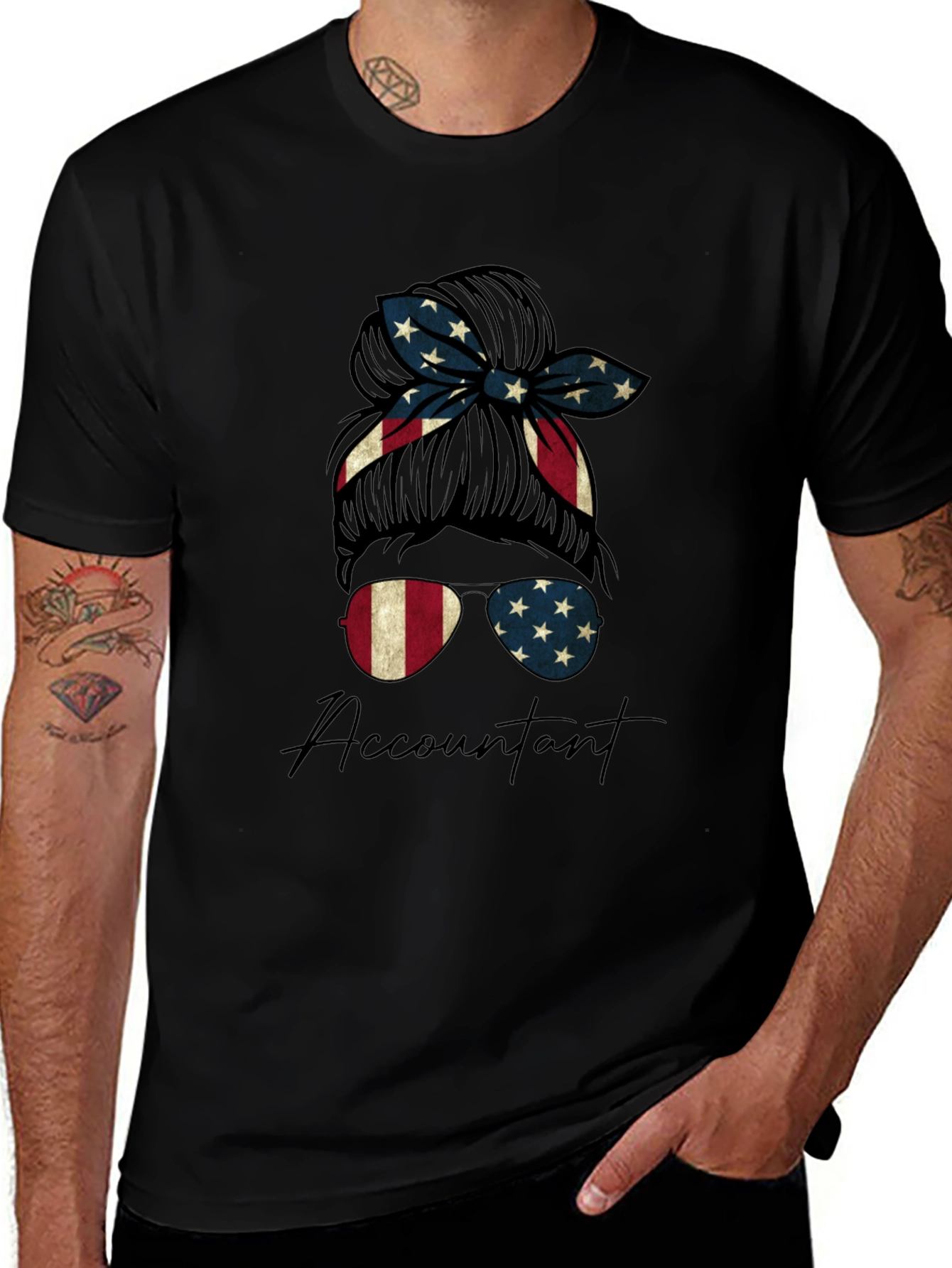 Accountant Messy Bun American Flag T-Shirt