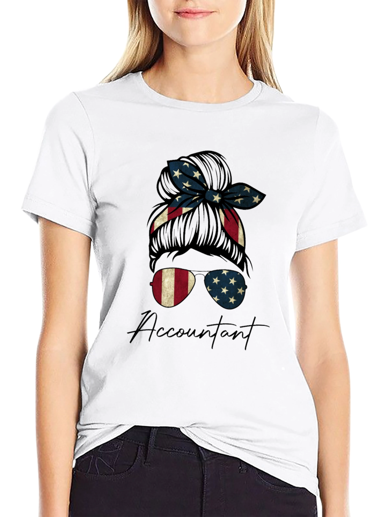 Accountant Messy Bun American Flag T-Shirt