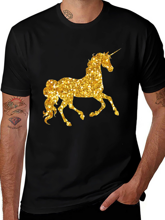 Golden Unicorn Graphic Tee - Black Cotton Casual Shirt