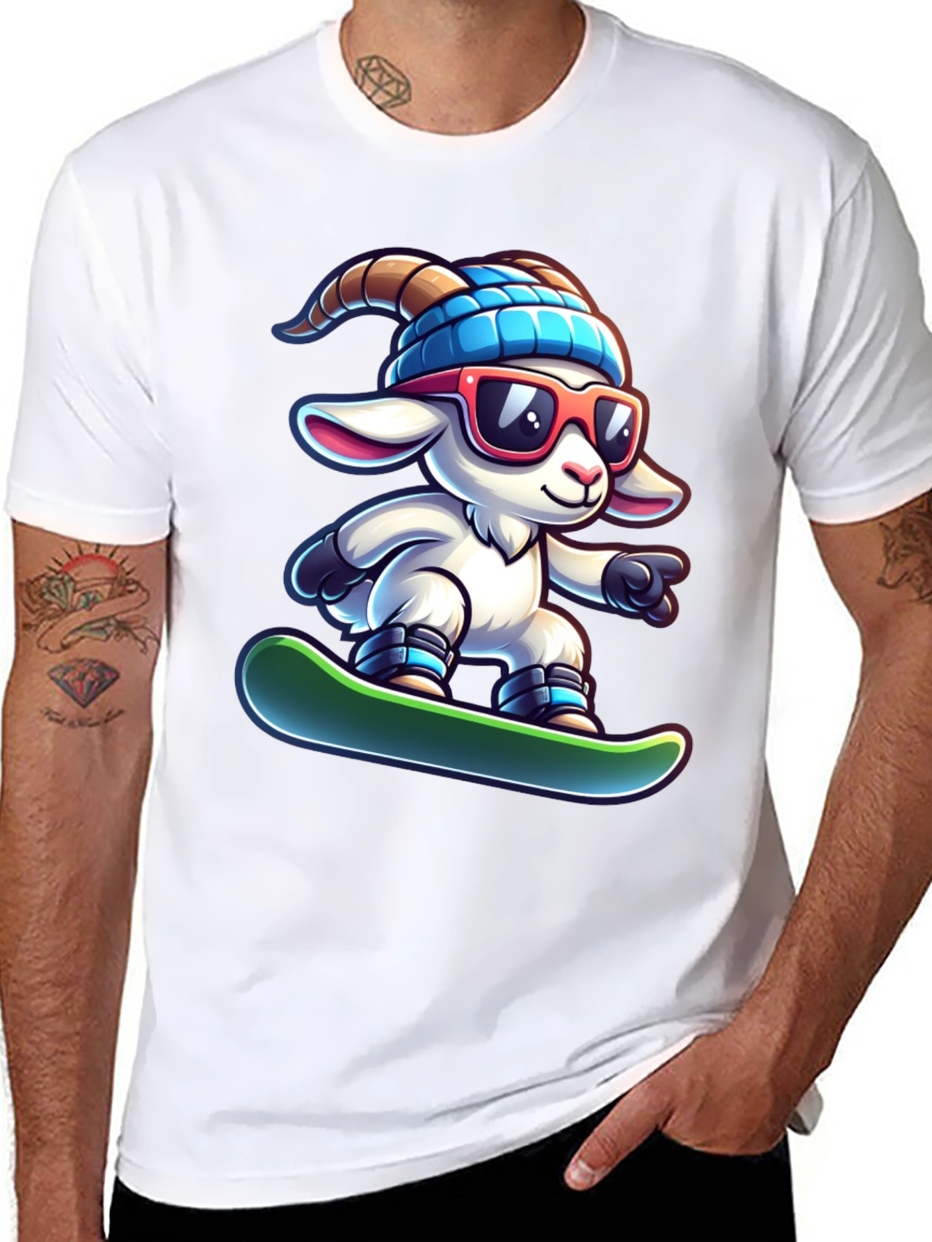 Snowboarding Goat Graphic Tee - Cool Cartoon T-Shirt