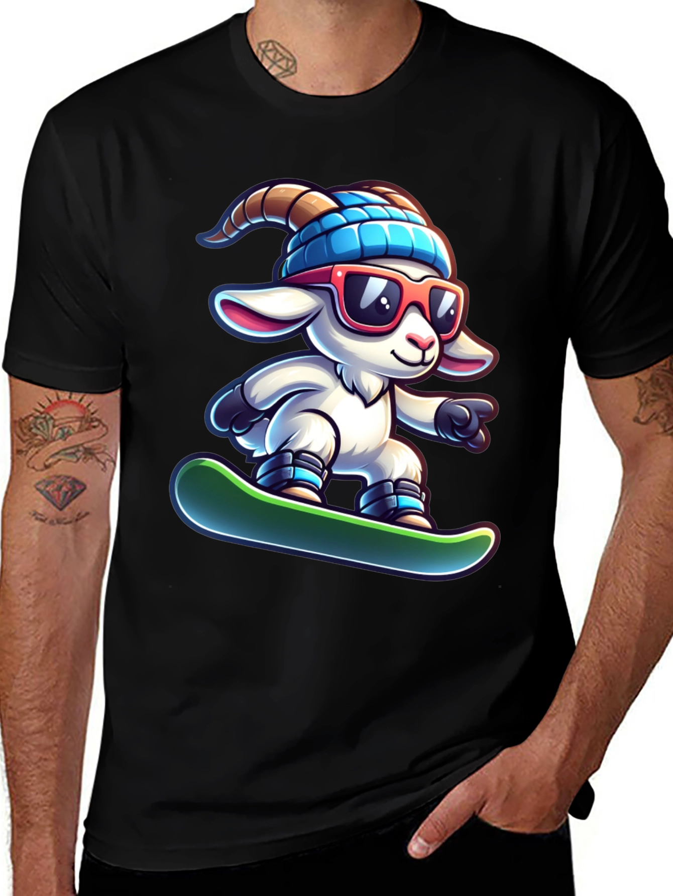 Snowboarding Goat Graphic Tee - Cool Cartoon T-Shirt