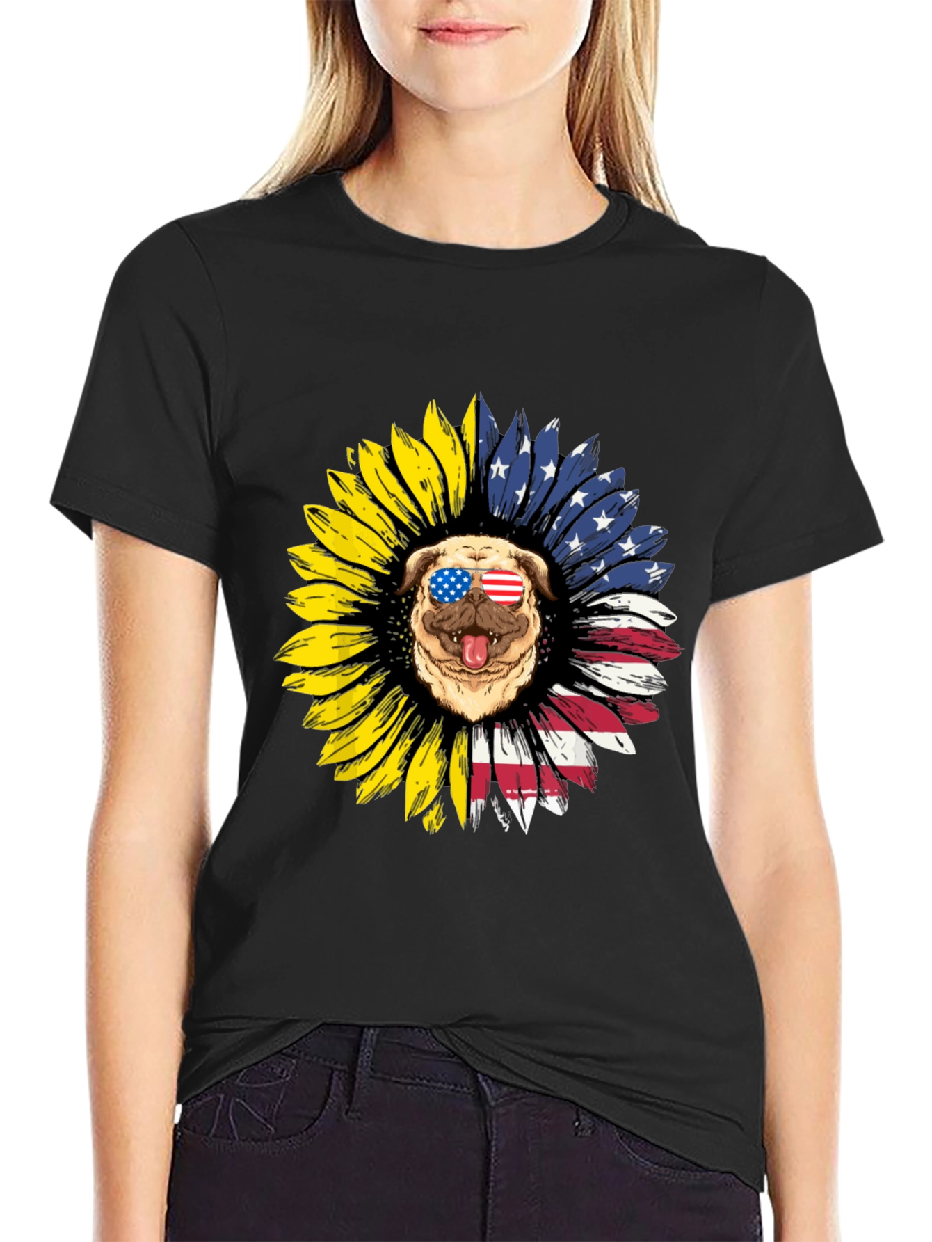 Patriotic Pug Sunflower Graphic Tee