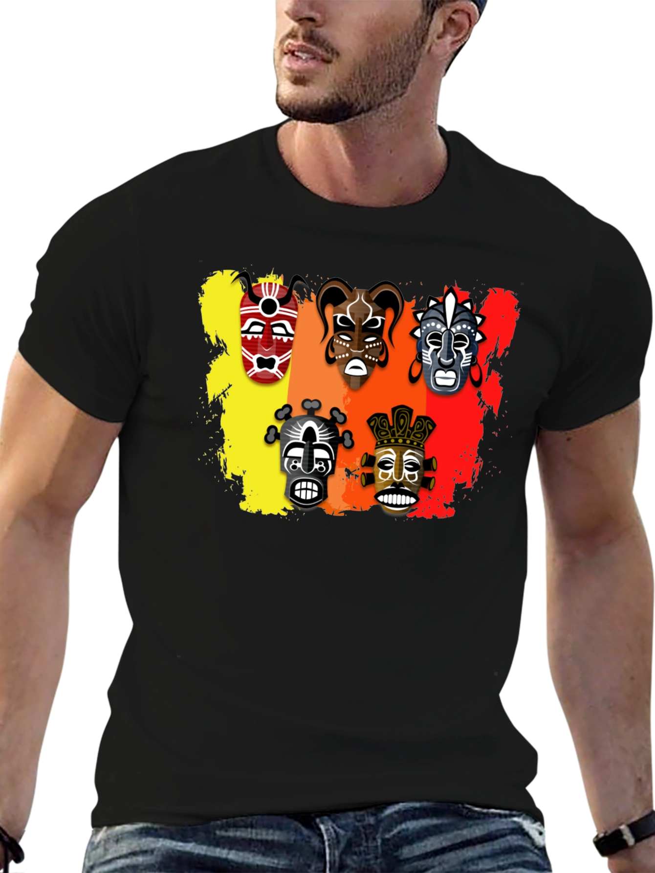 Tribal Mask Graphic Print Black T-Shirt