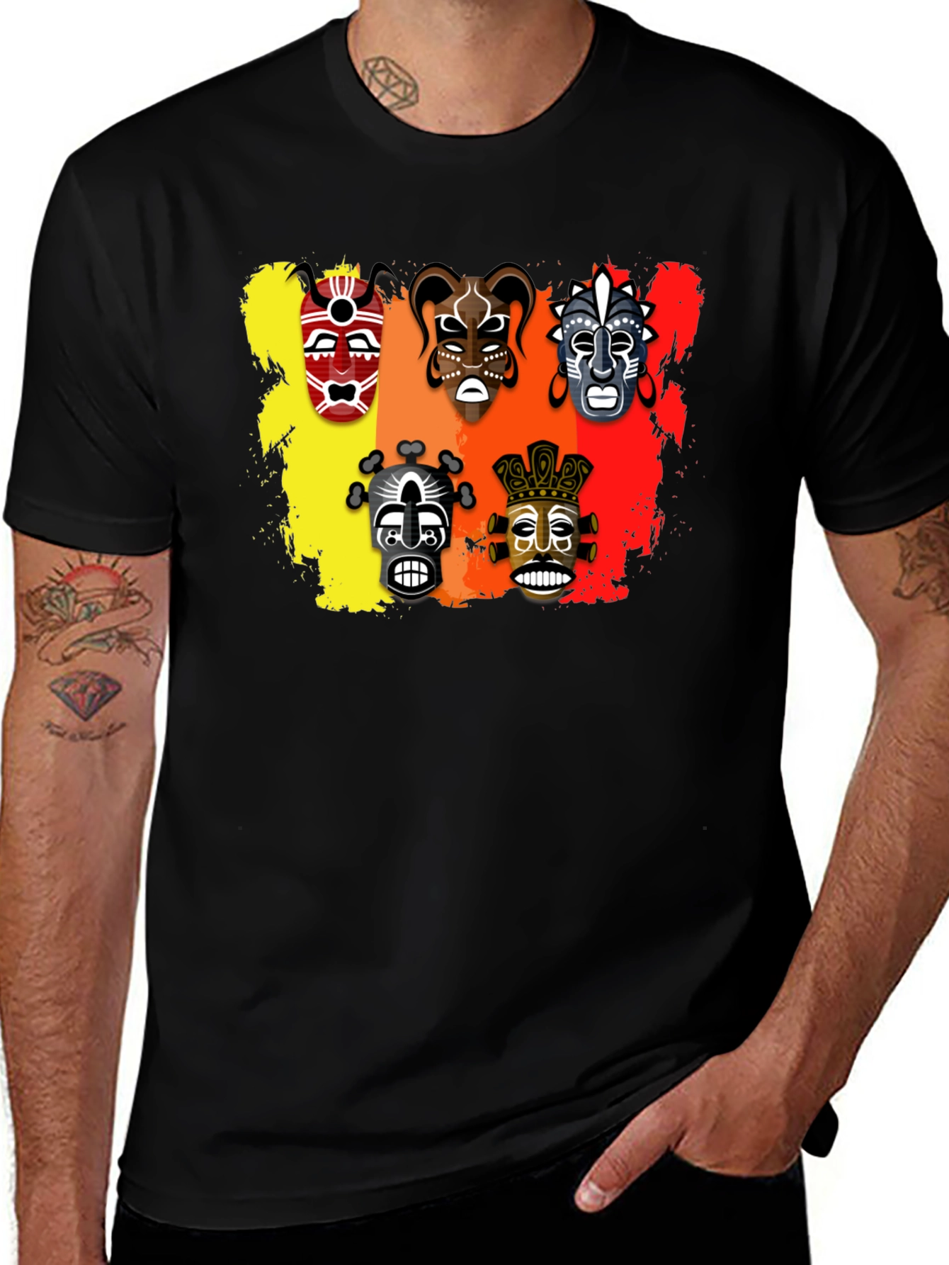 Tribal Mask Graphic Print Black T-Shirt